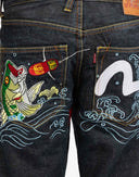 Jeans Evisu denim scuro con pesce