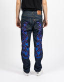 Jeans Evisu blu denim con fiamme
