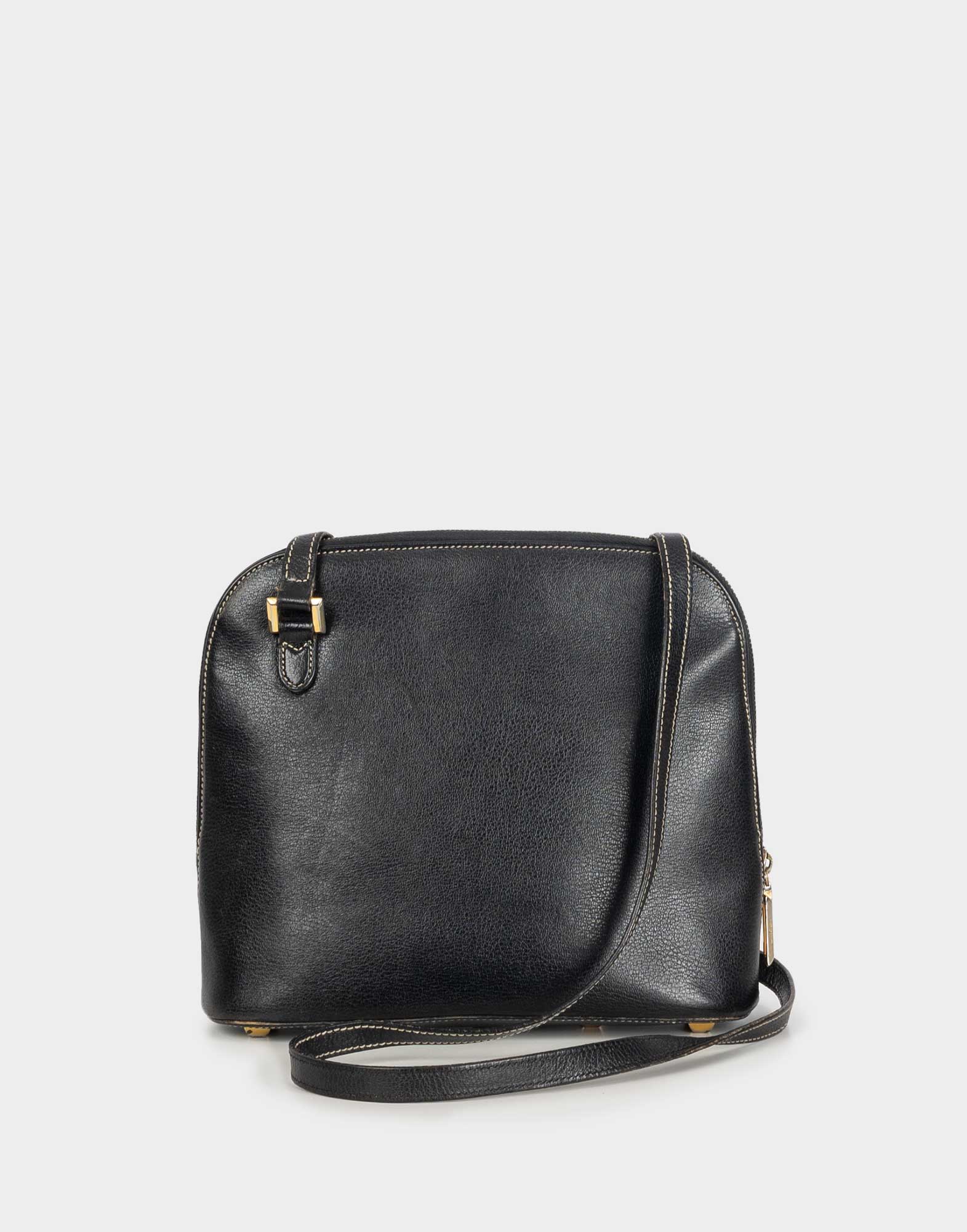 black leather salvatore ferragamo oval-shaped bag with long adjustable shoulder strap, contrasting beige stitching