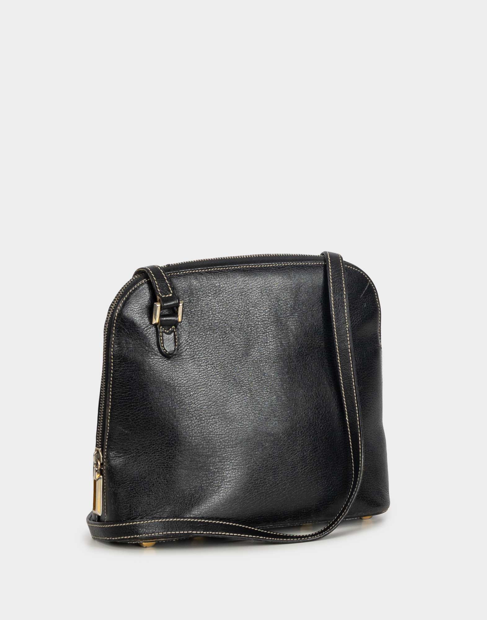 borsa nera in pelle salvatore ferragamo dalla forma ovale con tracolla lunga regolabile, impunture beige a contrasto