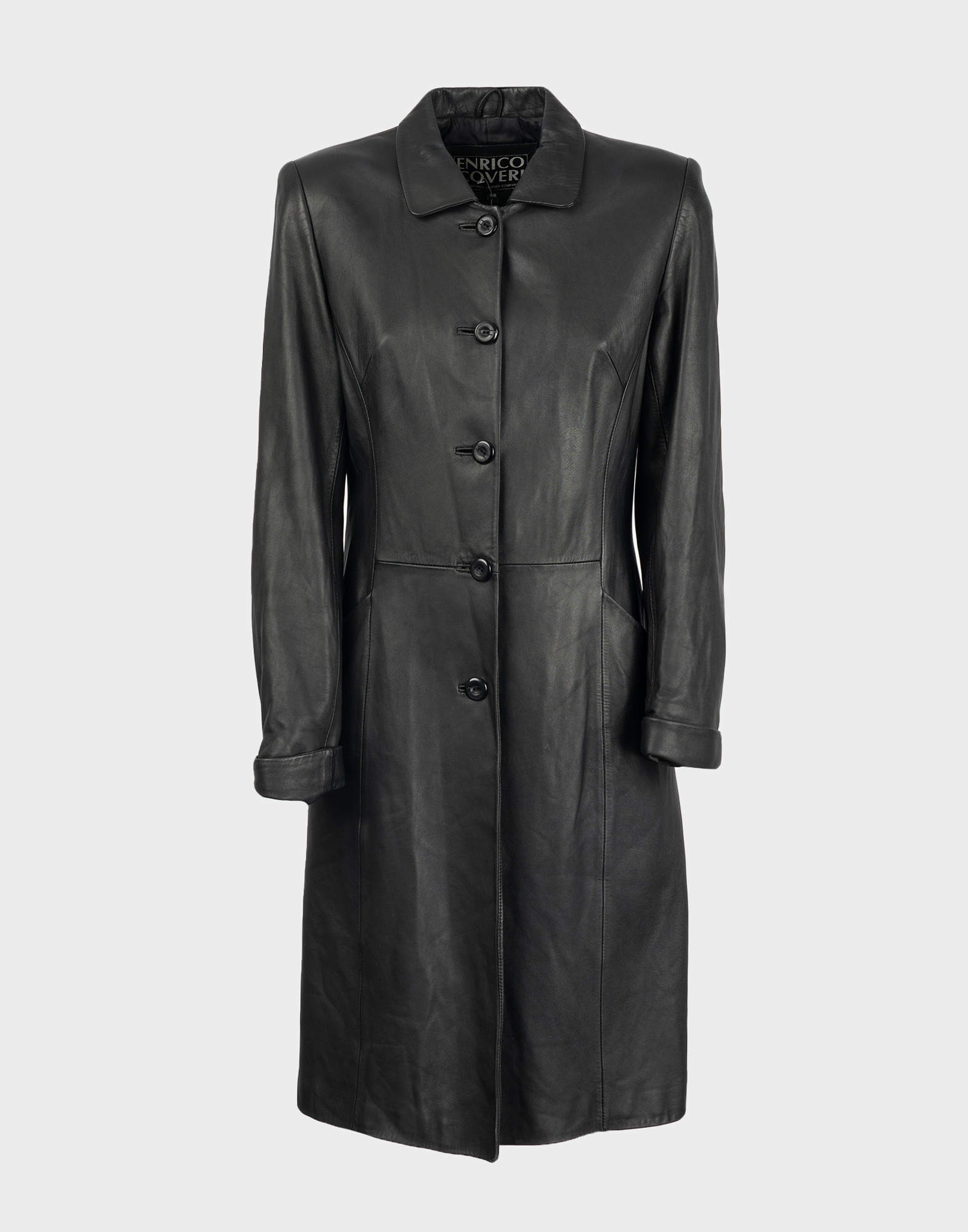 trench nero in pelle enrico coveri monopetto, chiusura con 5 bottoni