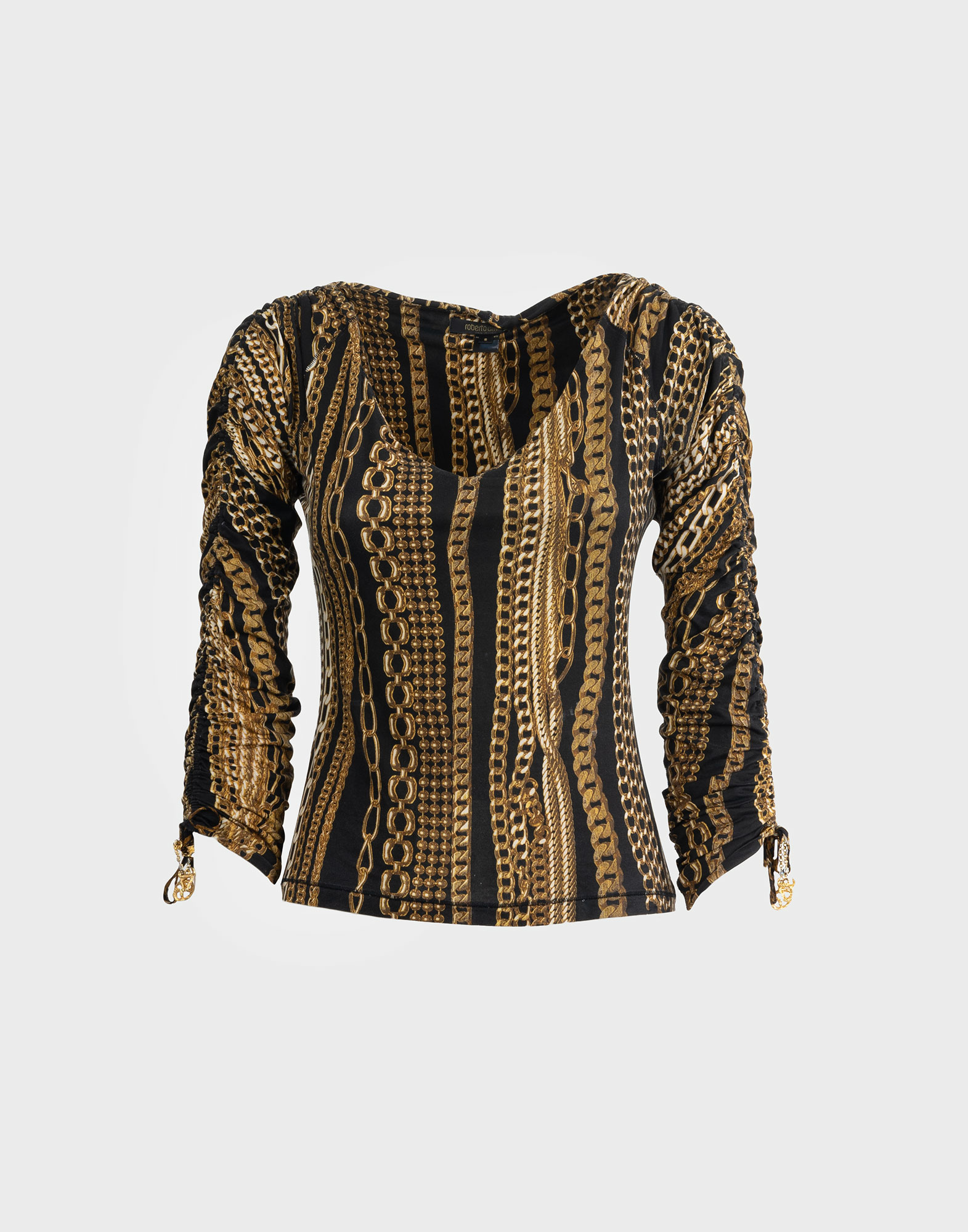 roberto cavalli 2000s v-neck, black bottom and baroque pattern t-shirt