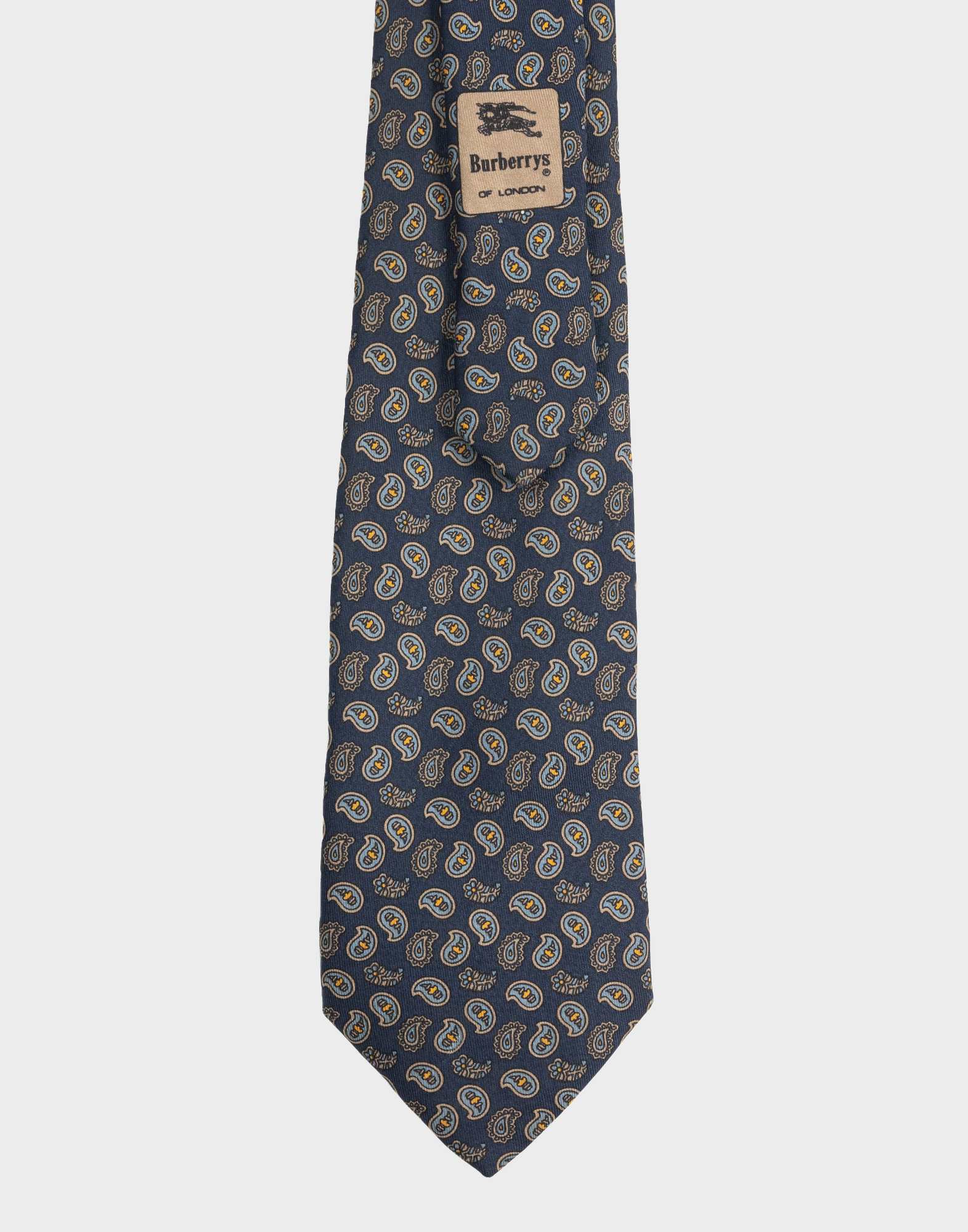Burberrys blue silk tie from the 1990s with blue and yellow paisley pattern