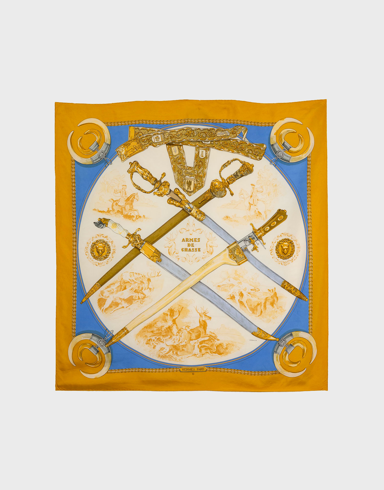 beige and light blue silk hermes scarf with swords print