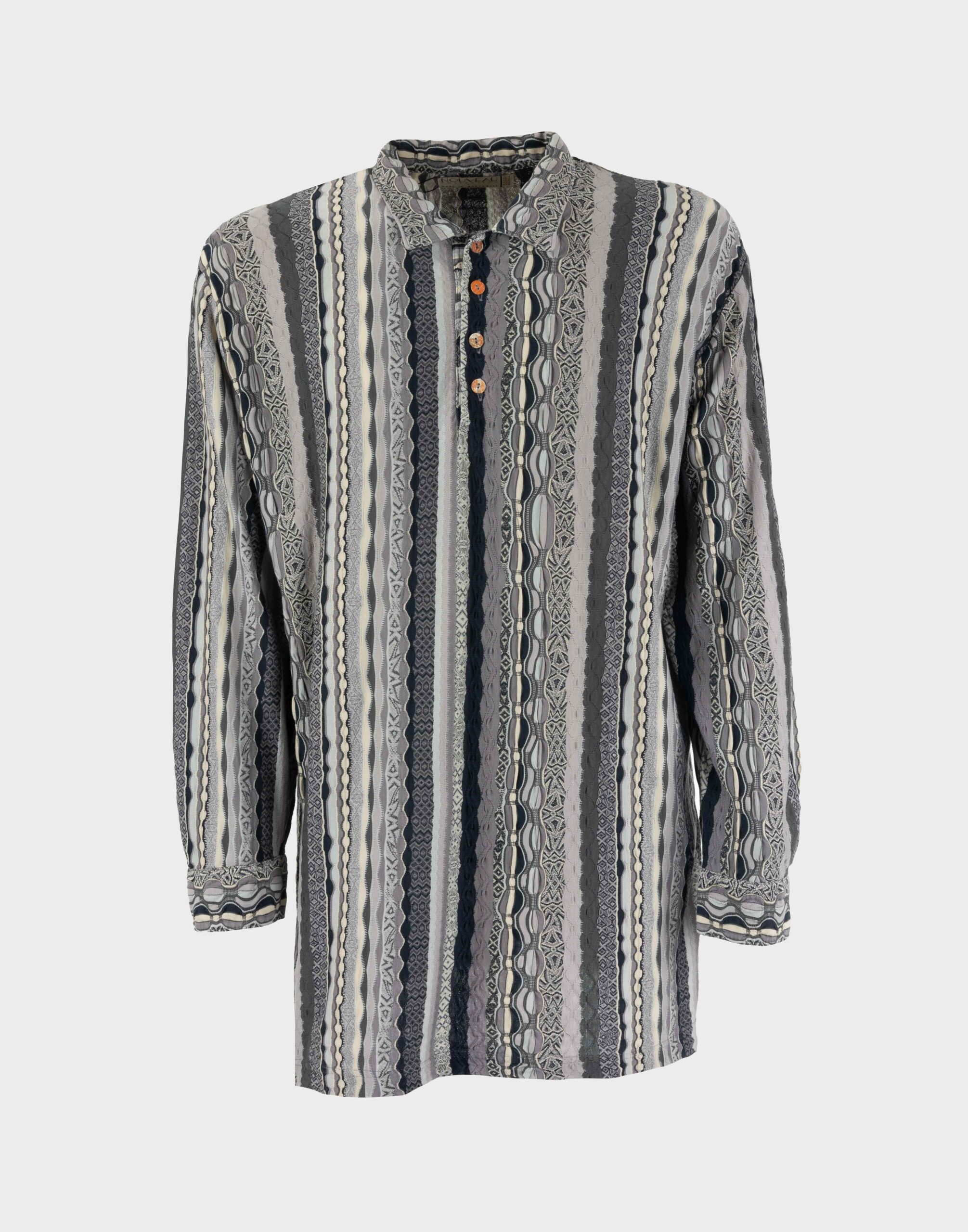 polo da uomo anni '90 in cotone con fantasia multicolore grigia e nera