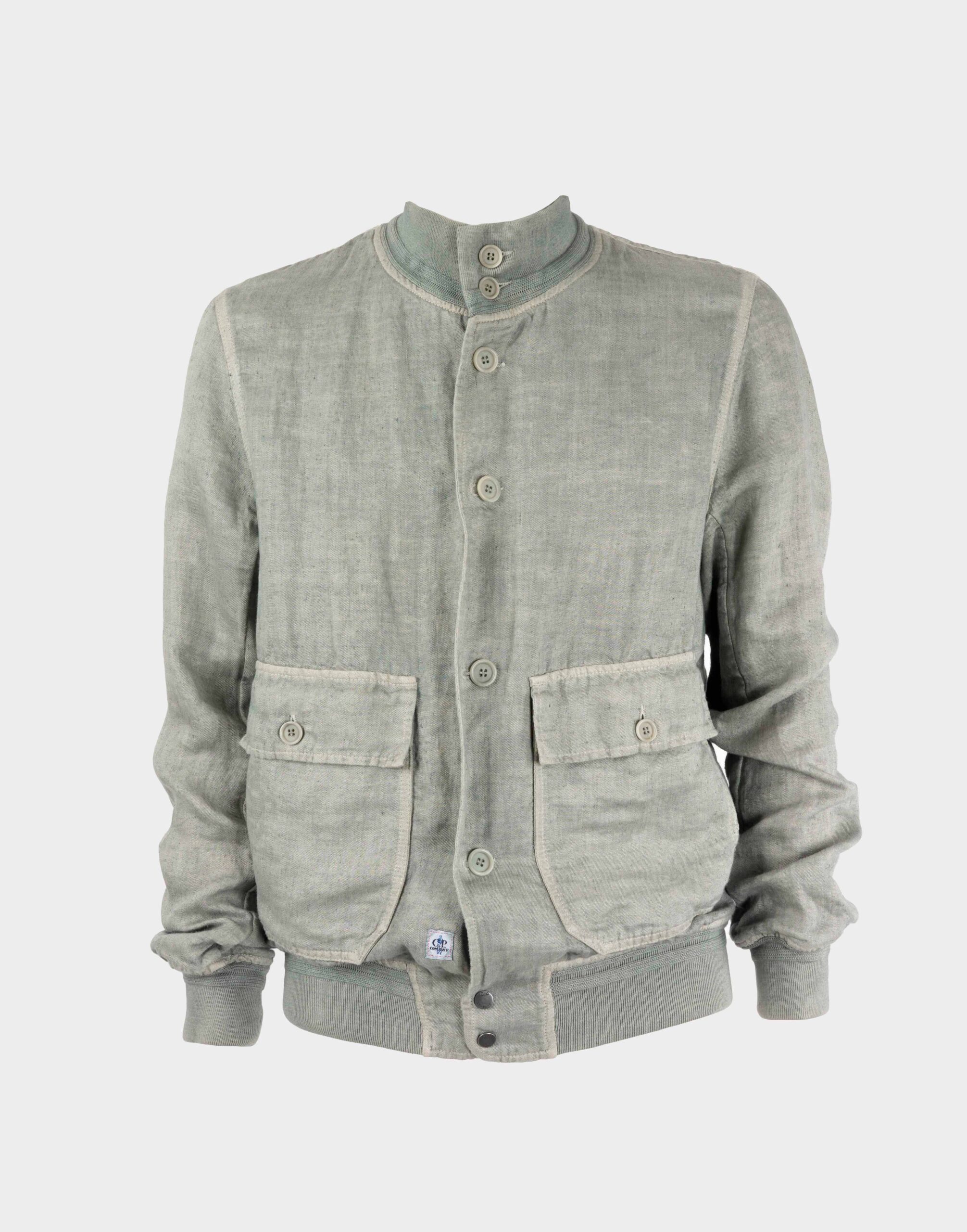 men's grey bomber jacket in lightweight fabric photographed on ghost mannequin with grey background