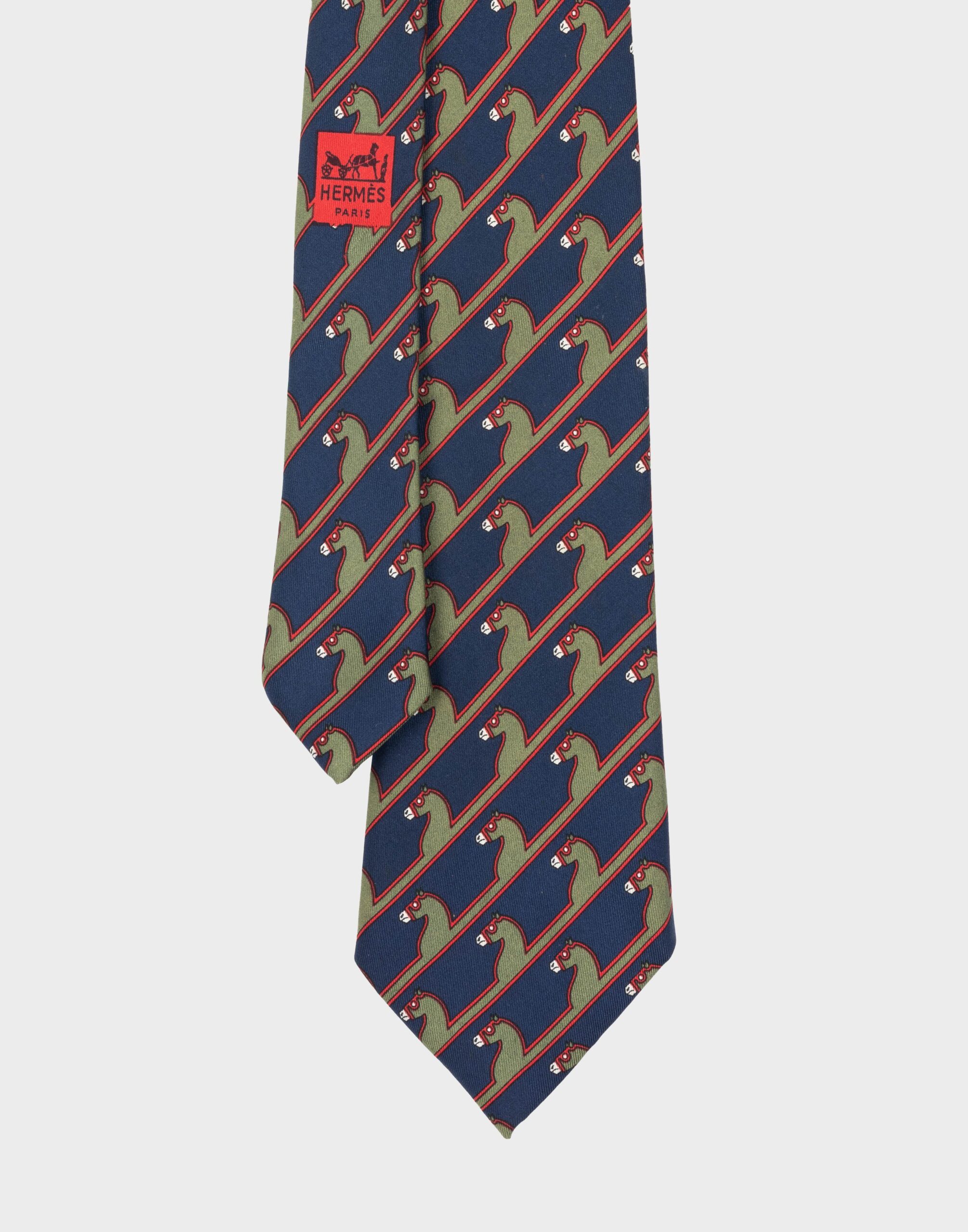 Hermès blue silk tie with diagonal horse print