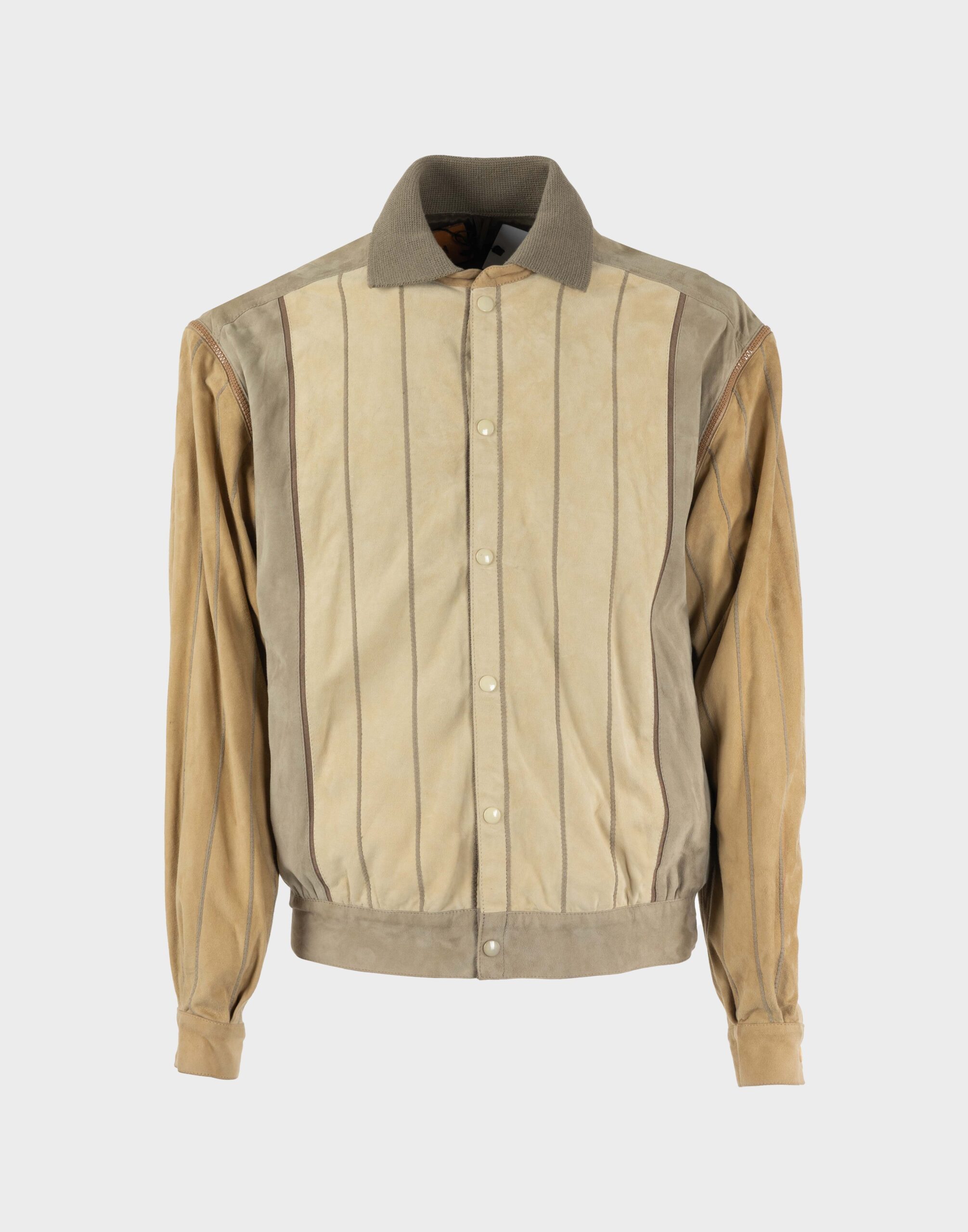 giubbotto da uomo modello bomber in pelle beige e marrone con colletto a polo e chiusura con bottoni