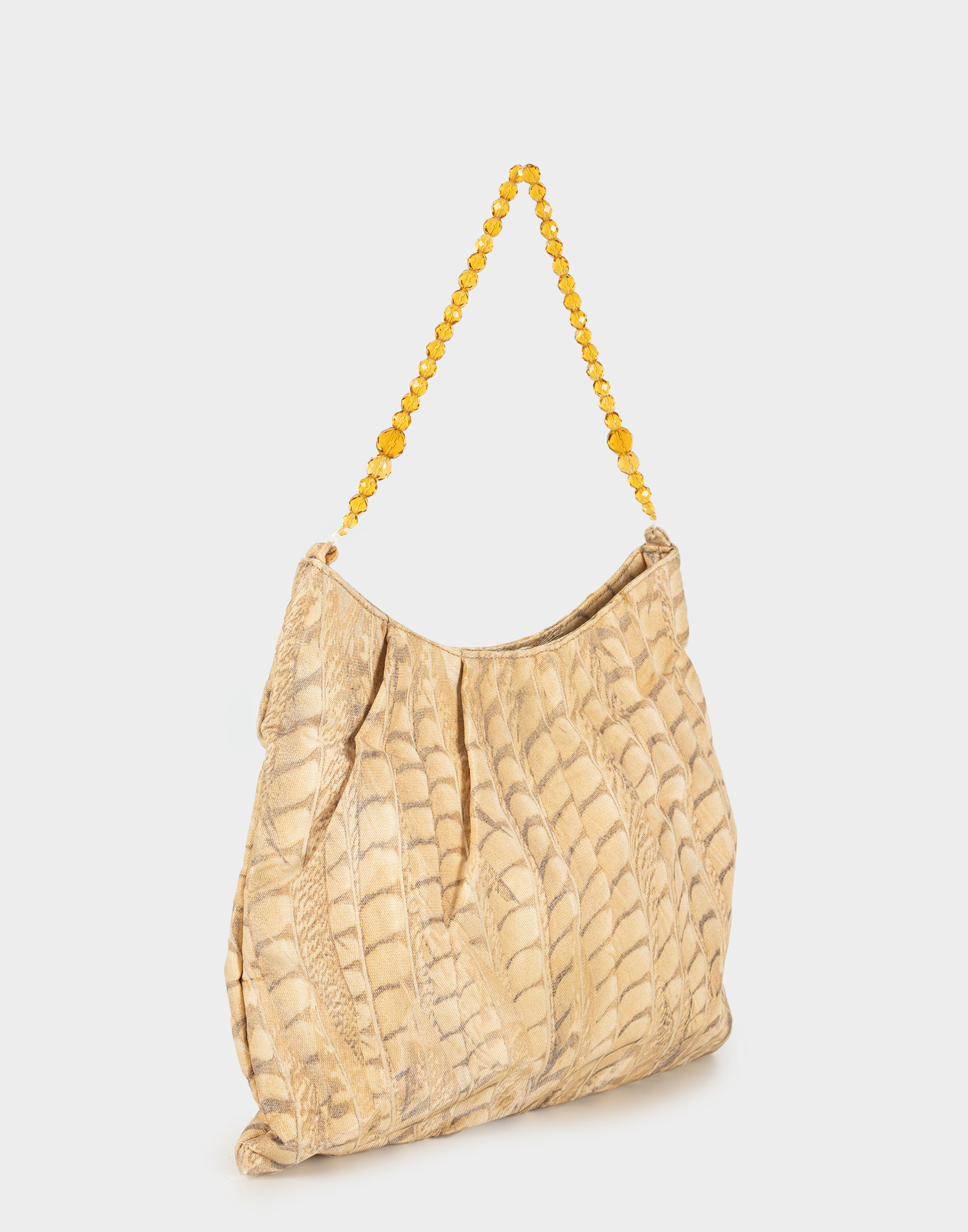 borsa a mano da donna in tessuto con fantasia animalier e tracolla con perline arancioni