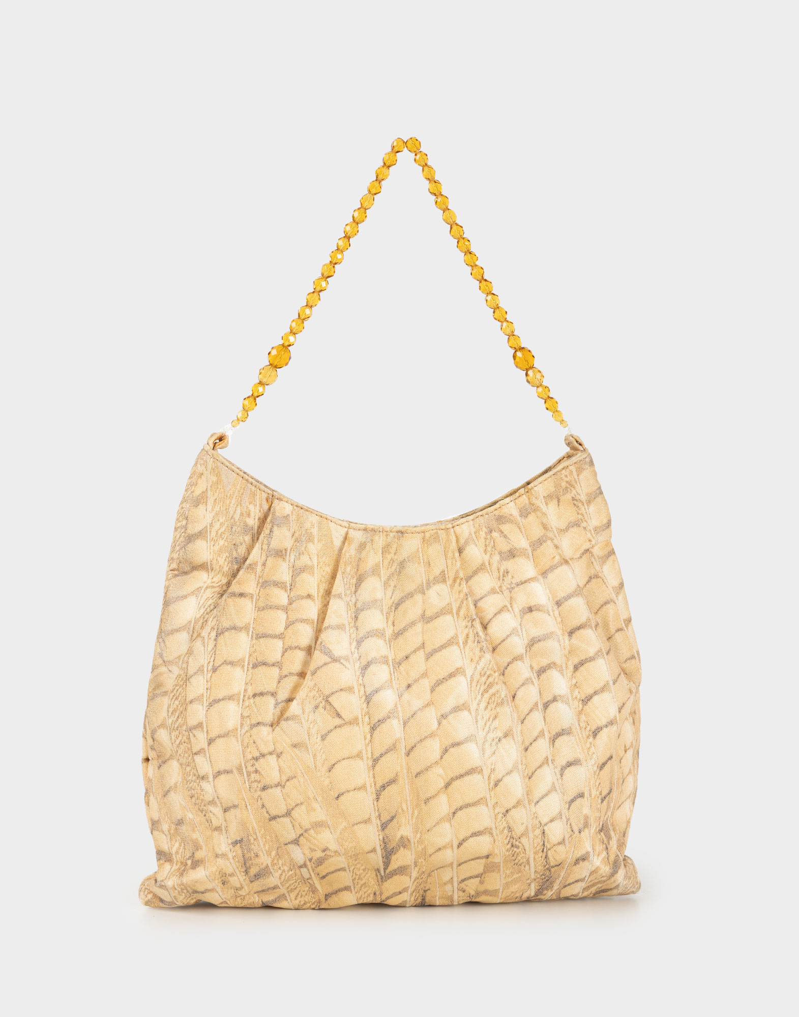 borsa a mano da donna in tessuto con fantasia animalier e tracolla con perline arancioni