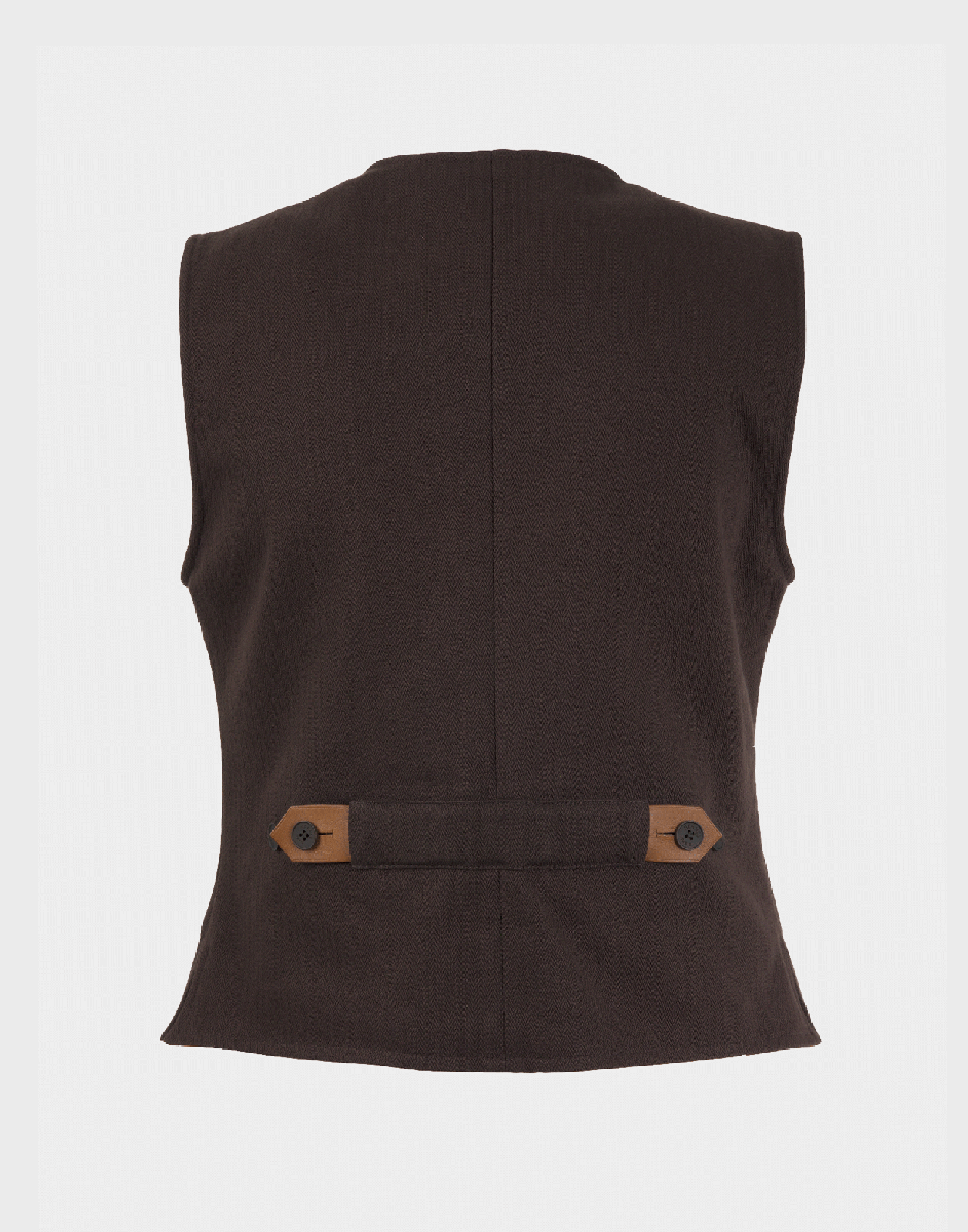 Gilet marrone con zip e due tasche, scattata su manichino ghost e sfondo grigio.