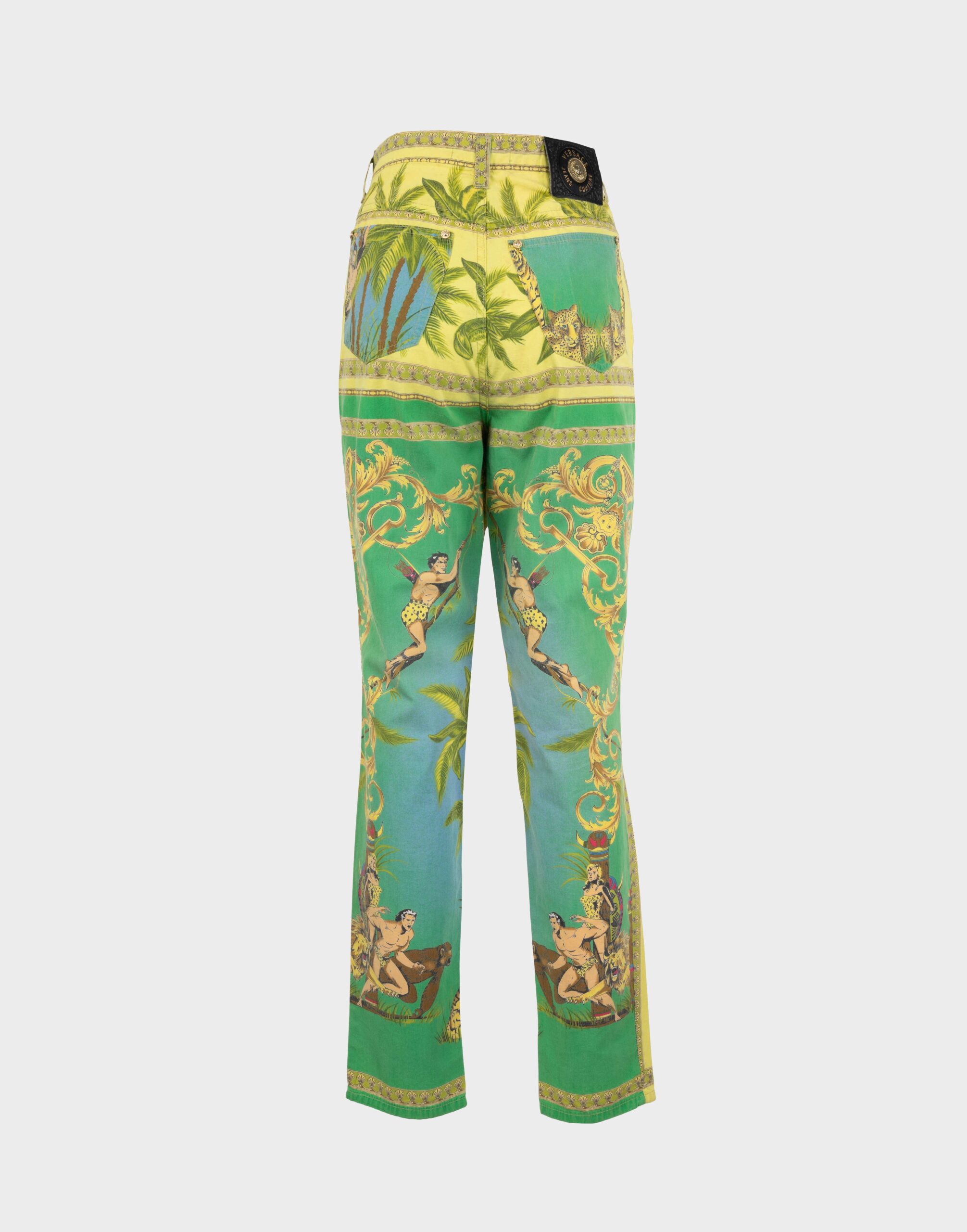 yellow and green high-waisted women's trousers with palm tree and tiger pattern