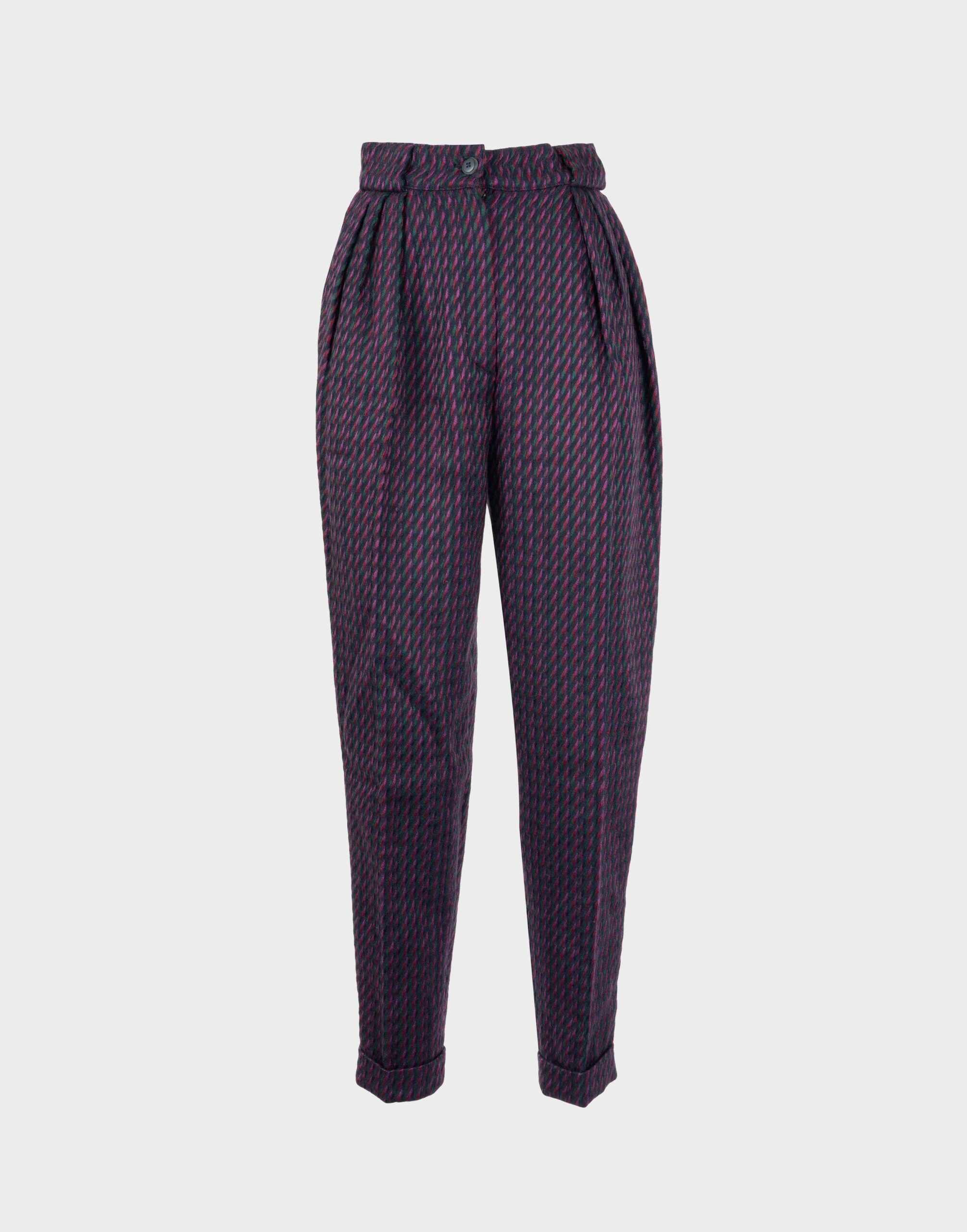 High-waisted women's pants in winter fabric, purple and green, with front pleats and cuffs at the bottom.