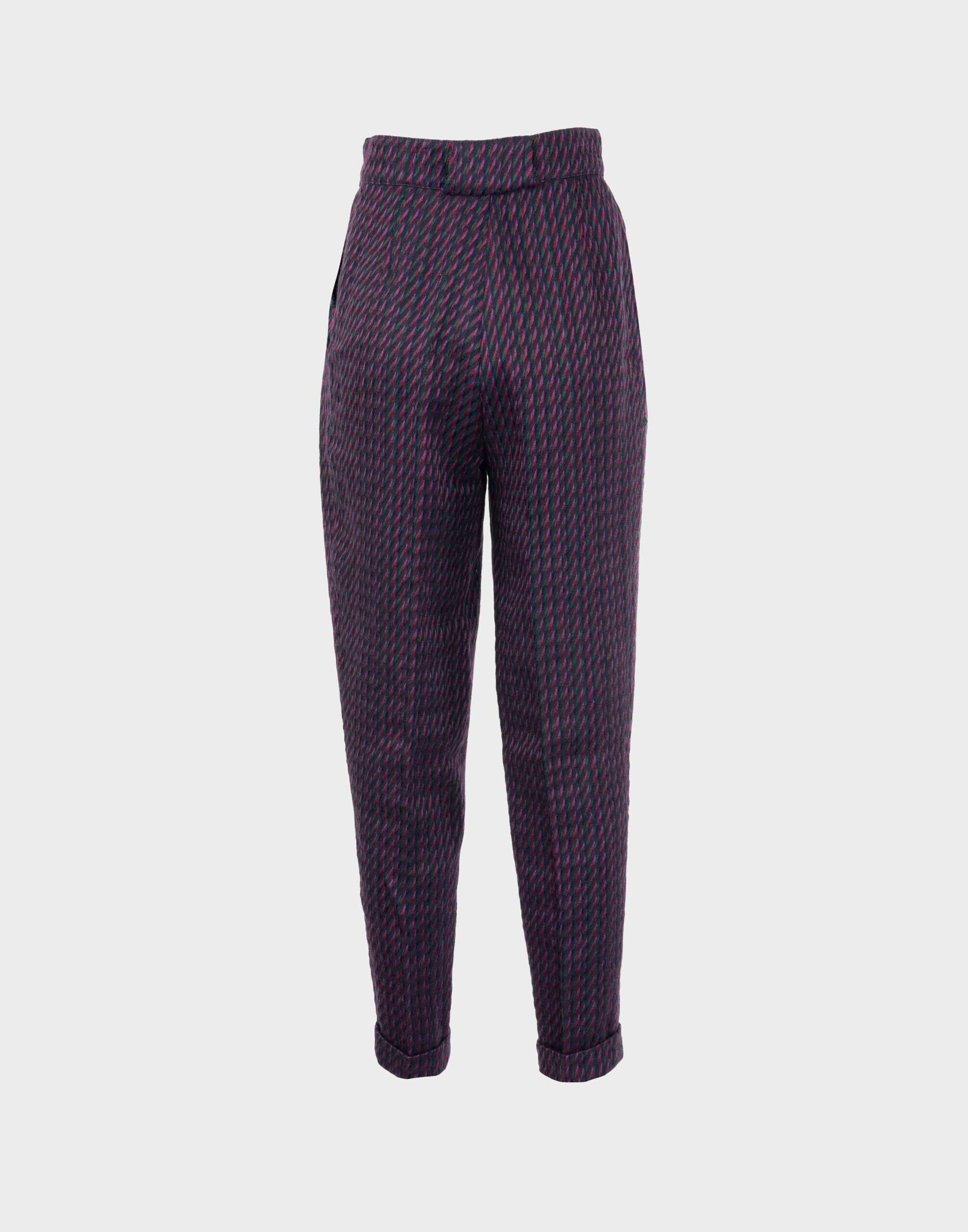High-waisted women's pants in winter fabric, purple and green, with front pleats and cuffs at the bottom.