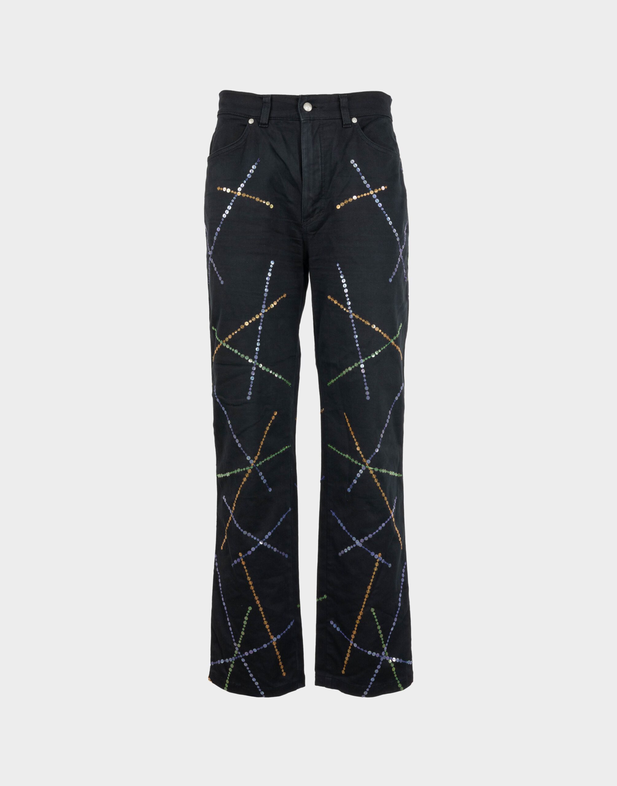 high-waisted blue cotton ladies' trousers with coloured sequin stripe pattern
