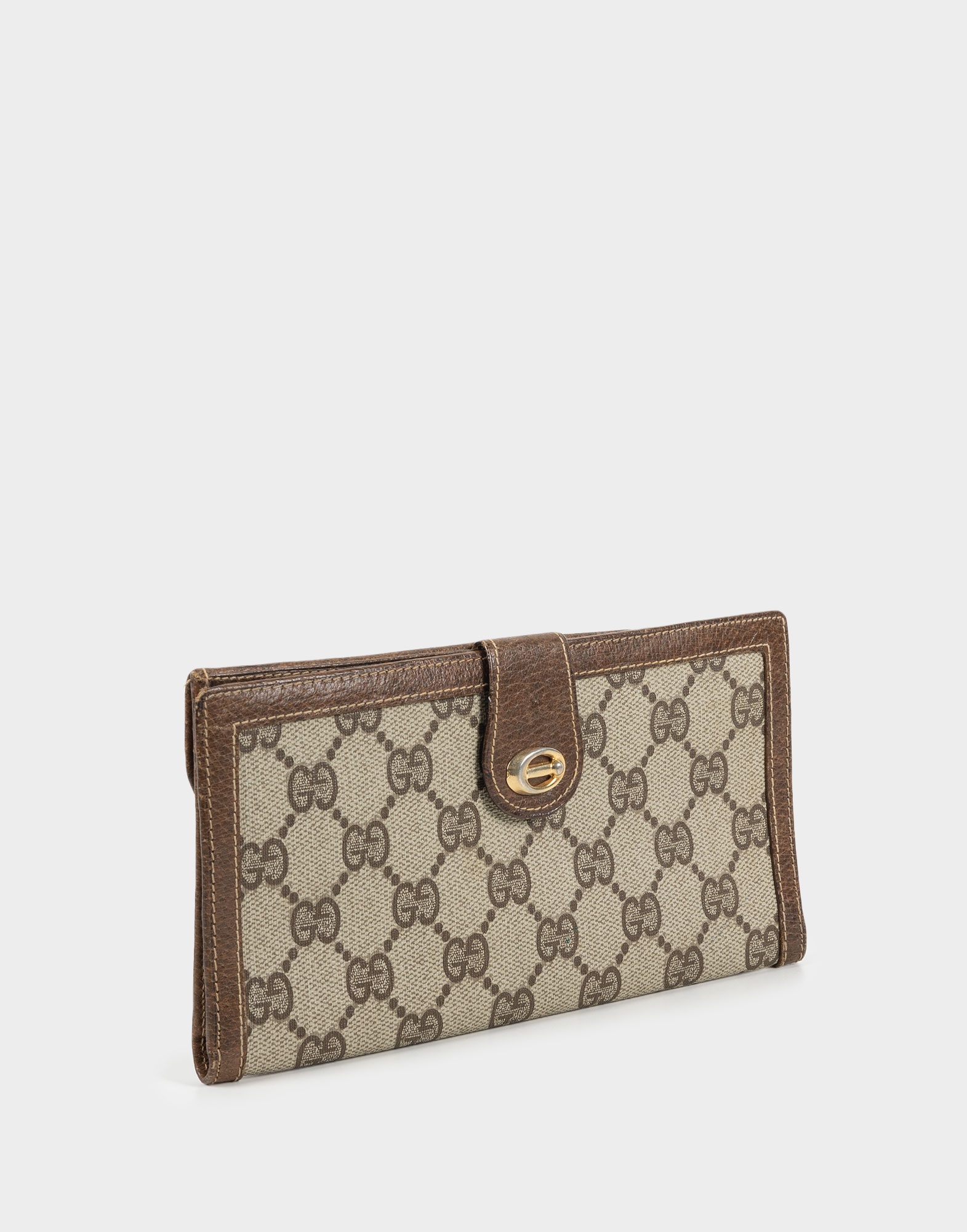 gucci women's card case in beige monogrammed fabric and brown leather details