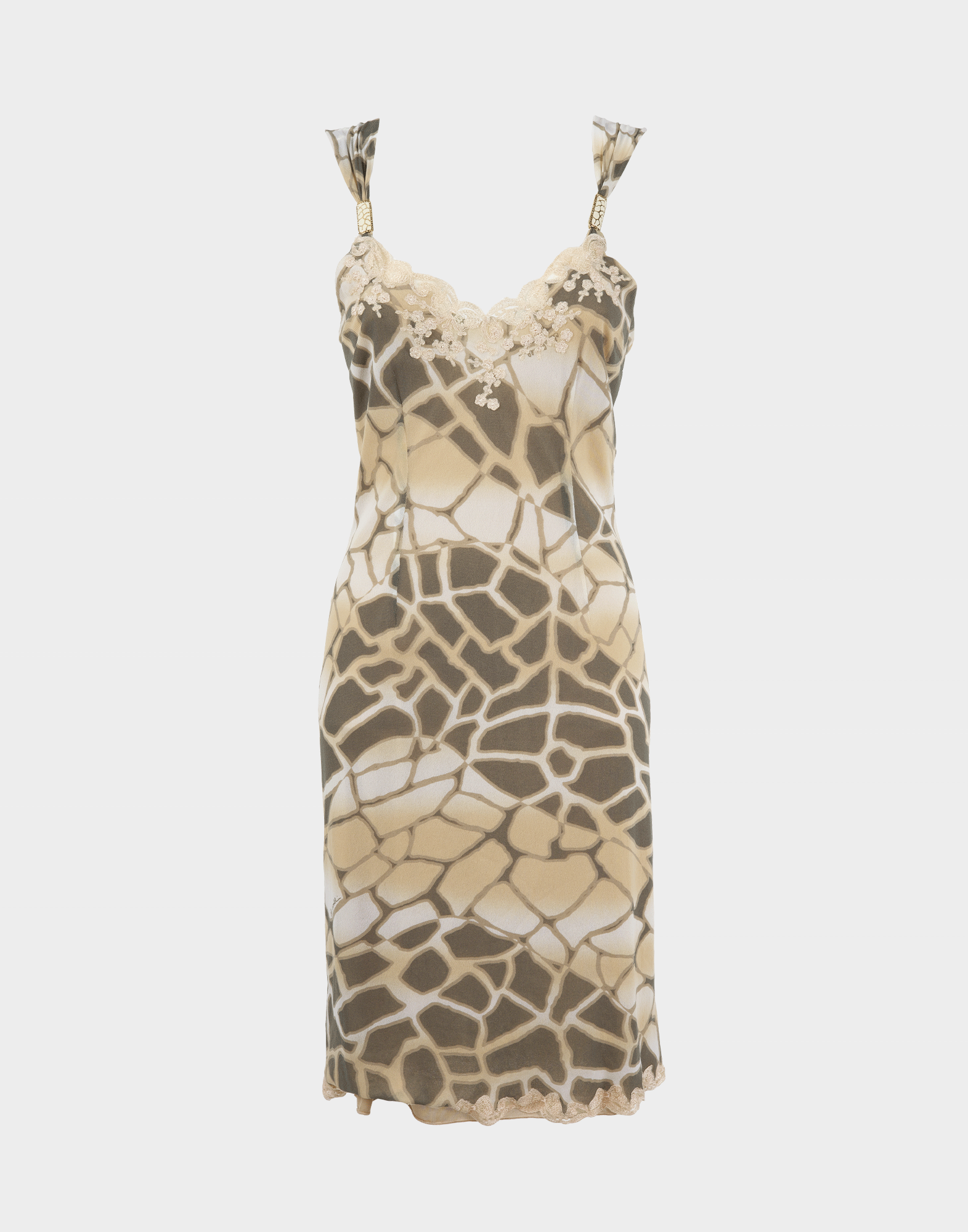 abito leggero da donna con fantasia animalier beige e marrone, spalline con dettagli metallici, scollo in pizzo