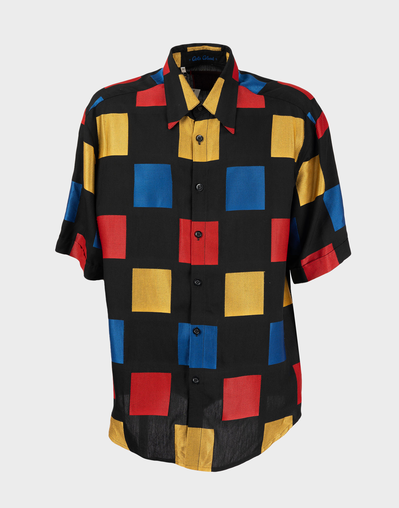 camicia nera da uomo a maniche corte con fantasia a quadri multicolore