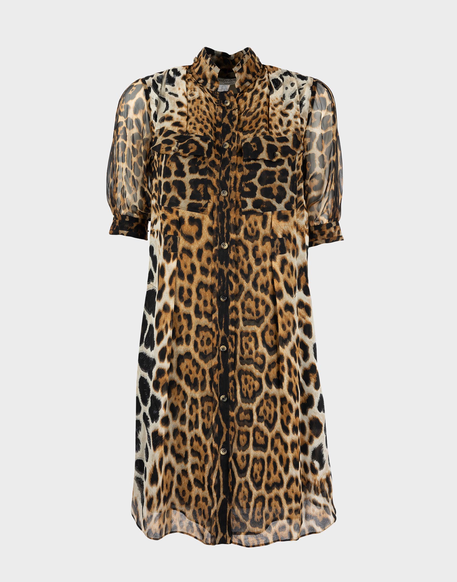 vestito chemisier da donna a maniche corte in tessuto semitrasparente con fantasia animalier