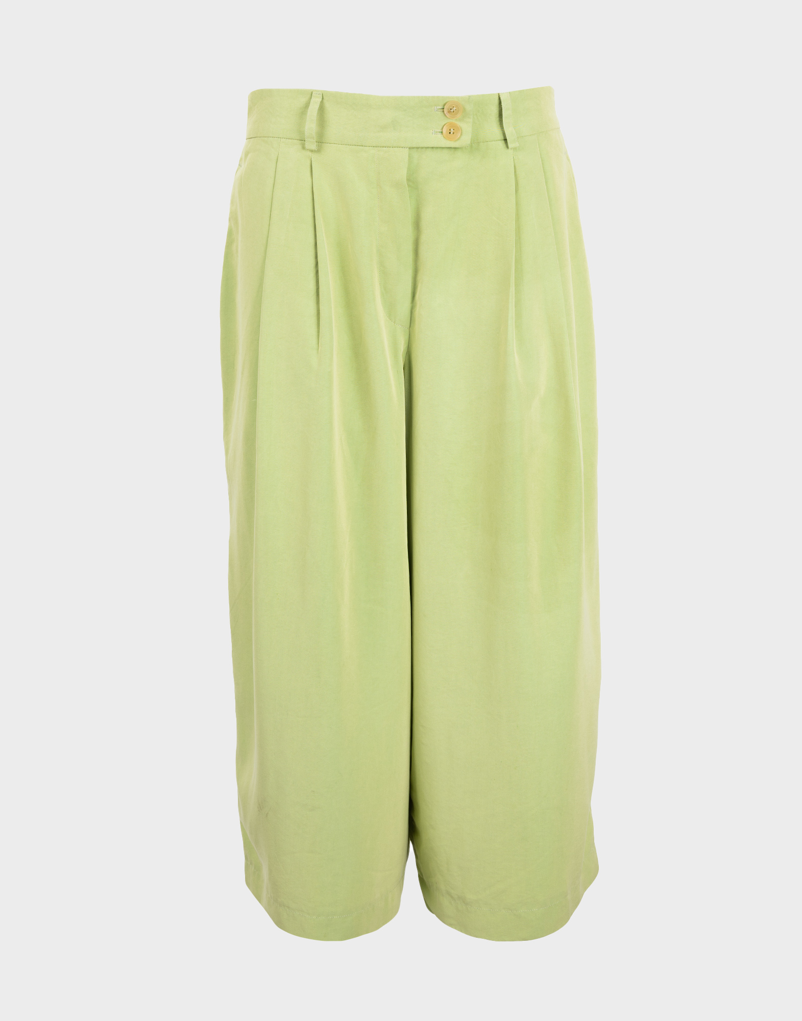 green women's soft silk trousers, calf-length, two-button side fastening