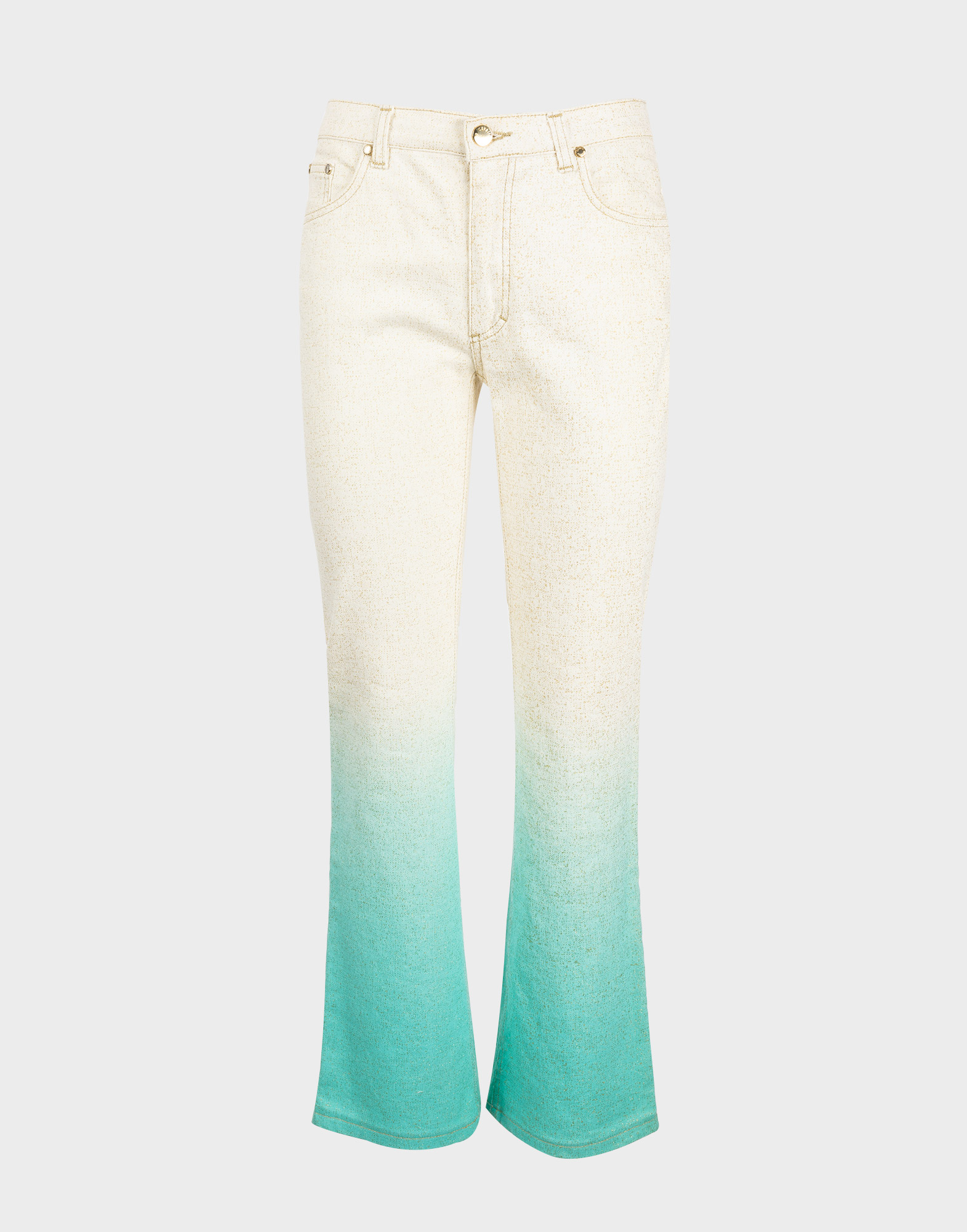 beige and green high-waisted women's trousers in laminated fabric, gold button fastening