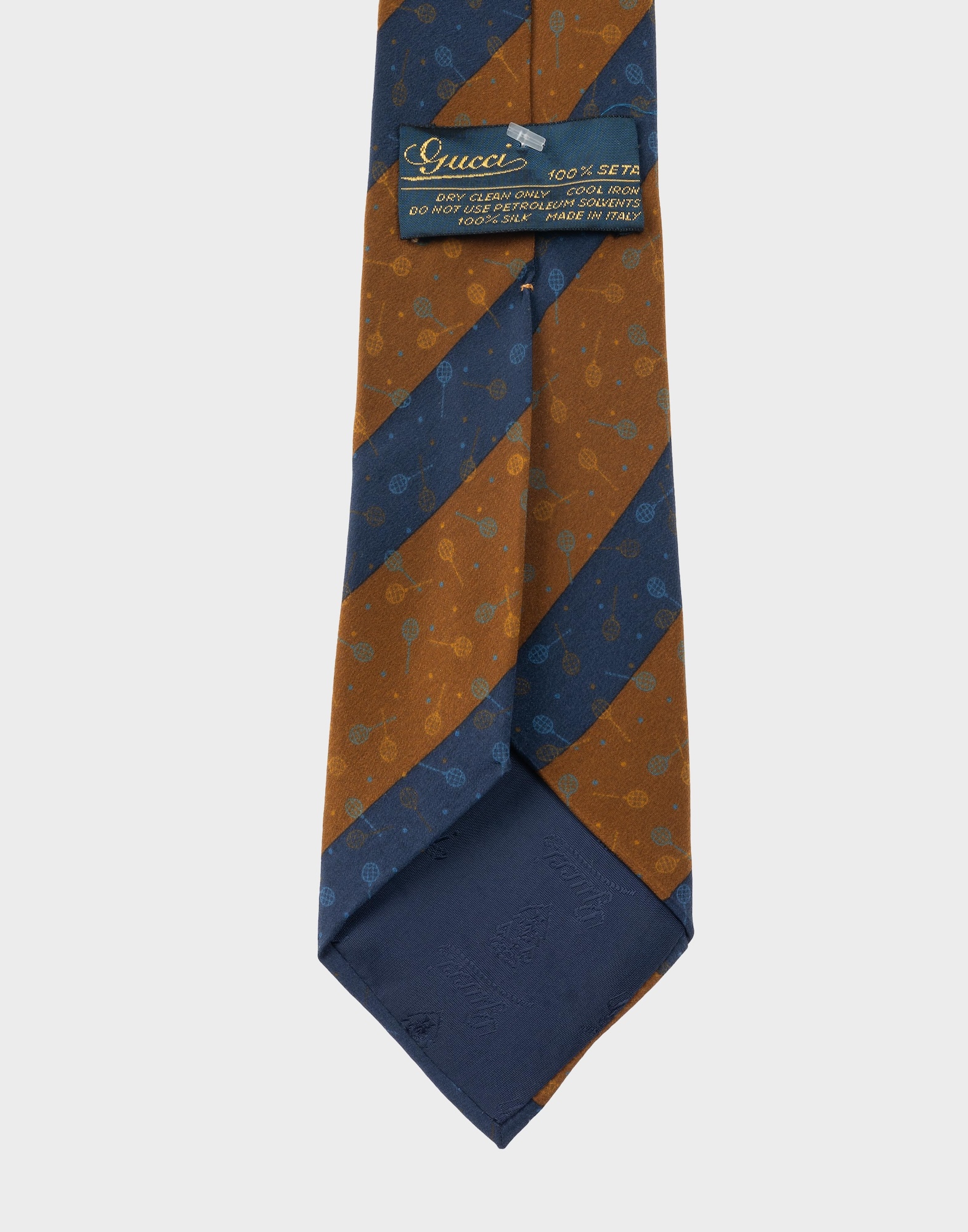 men's silk tie with brown and blue diagonal stripe pattern, tennis rackets