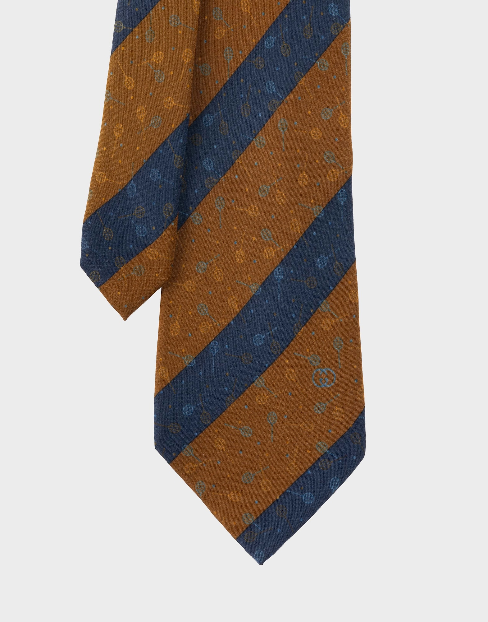men's silk tie with brown and blue diagonal stripe pattern, tennis rackets