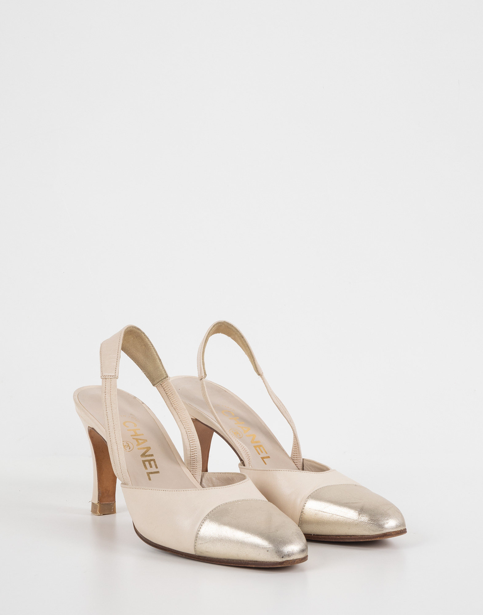 ivory leather heel shoes with strap and golden toe