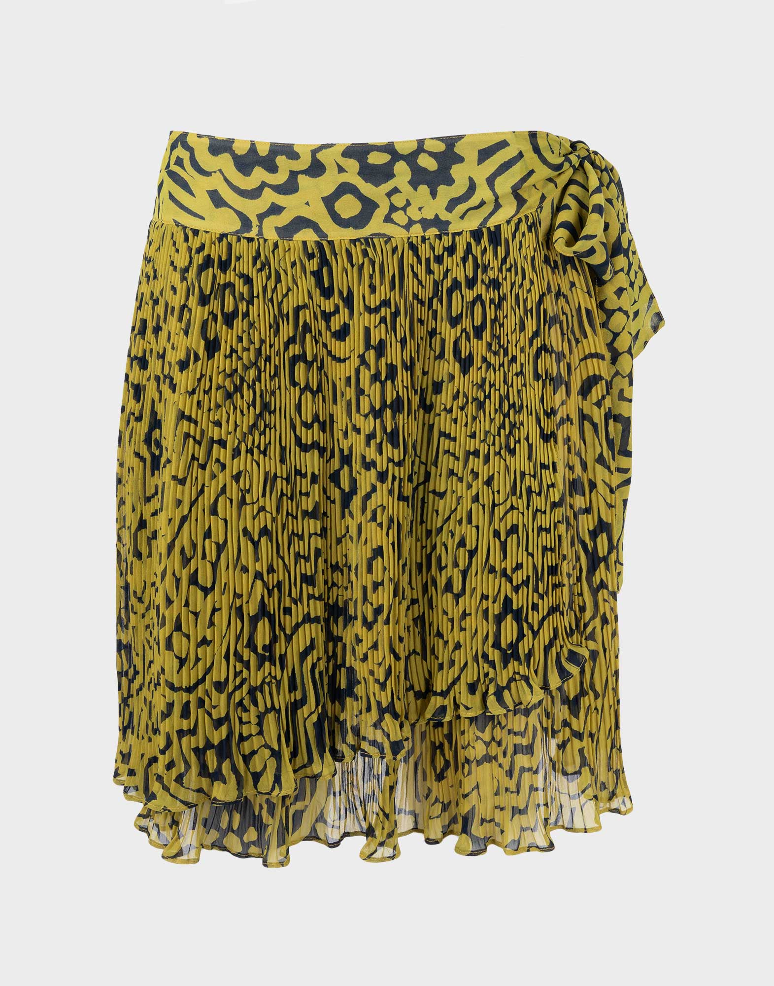green pleated miniskirt with black flower pattern, semi-transparent fabric, bow at the side