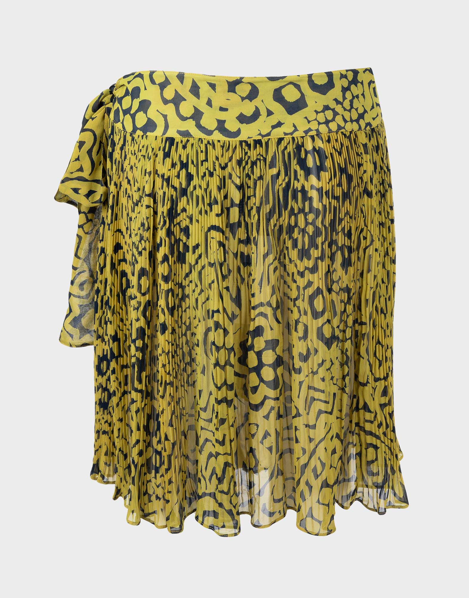 green pleated miniskirt with black flower pattern, semi-transparent fabric, bow at the side