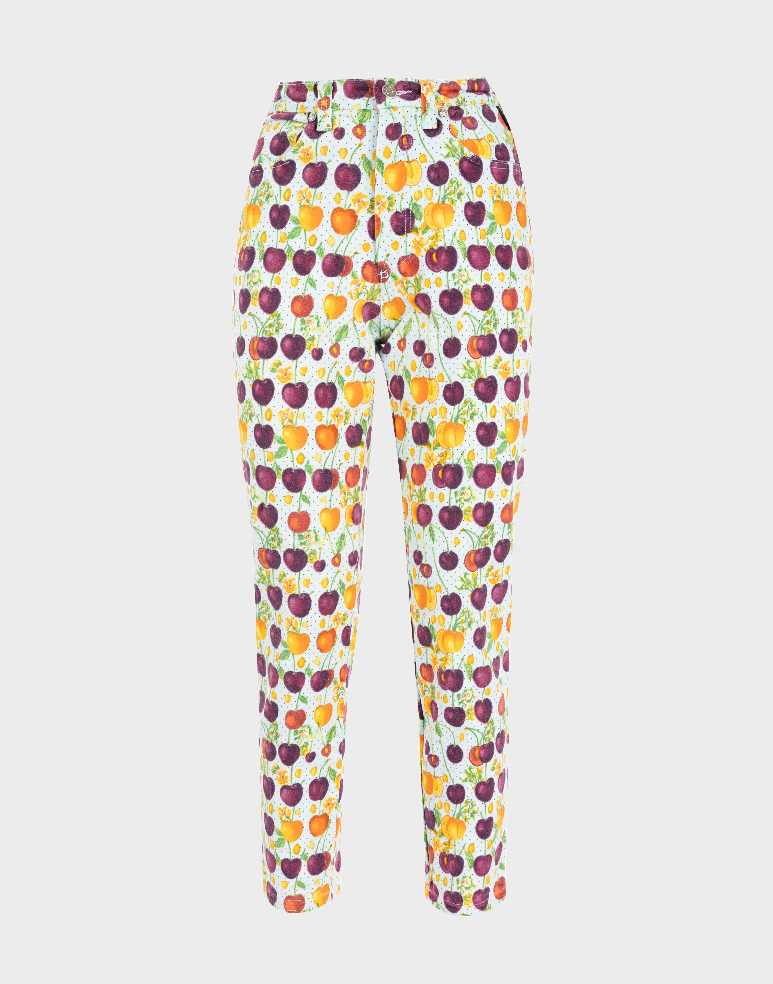 Light blue women's high-waisted slim fit pants with cherry print.