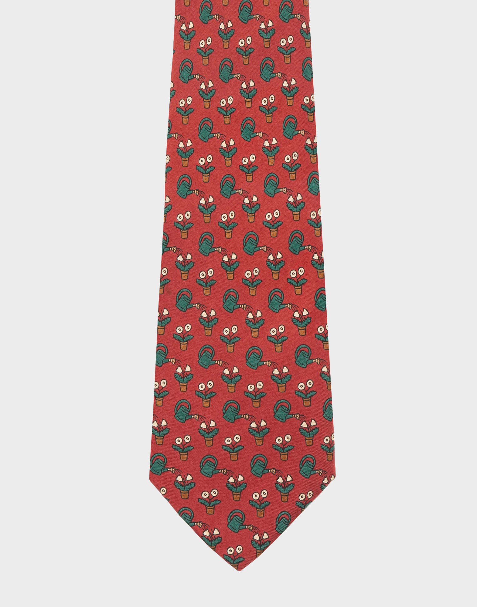 red silk tie with seedling pattern and watering can