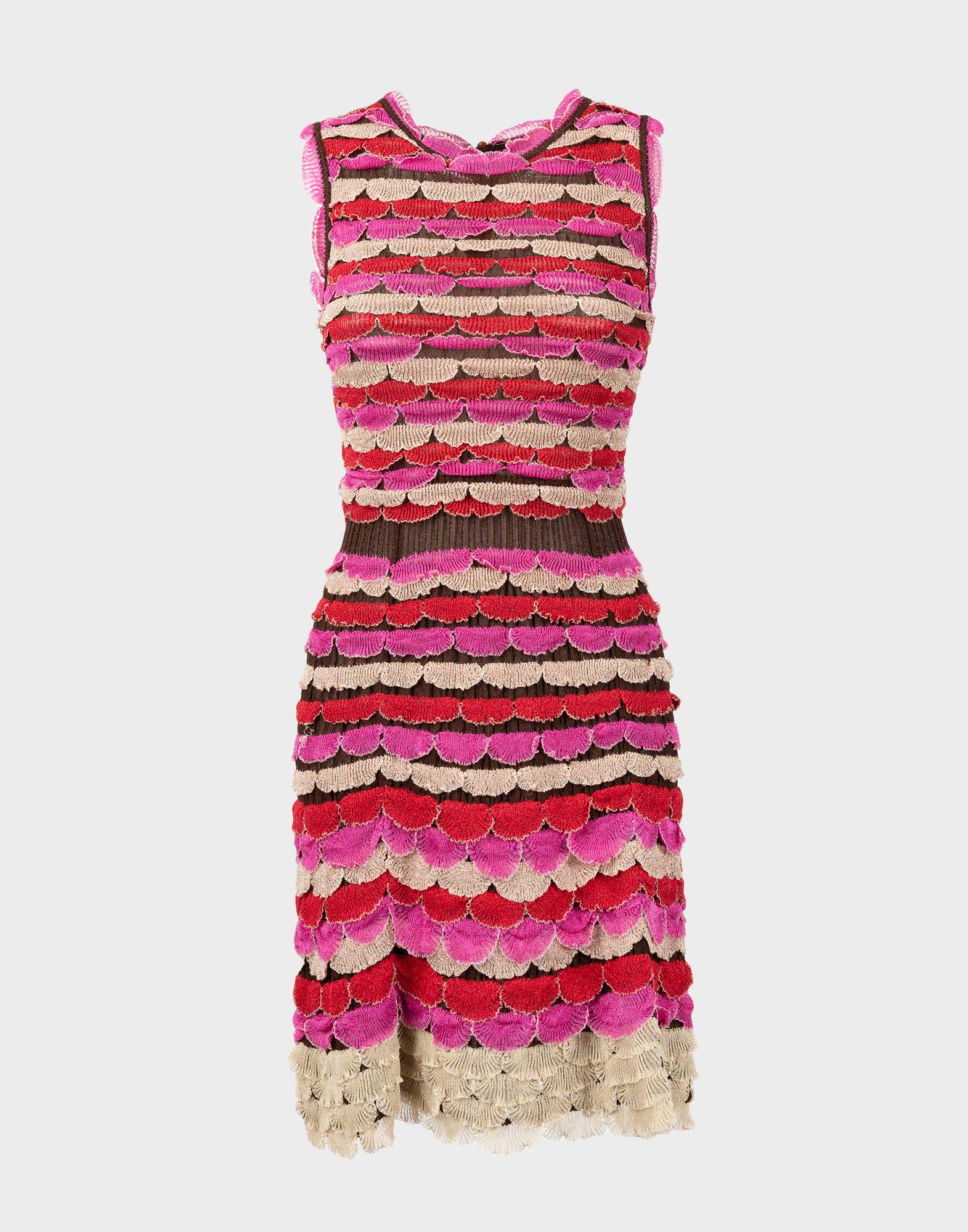 Women's midi dress with short sleeves and a round neckline in stretchy fabric, featuring a brown band highlighting the waist.