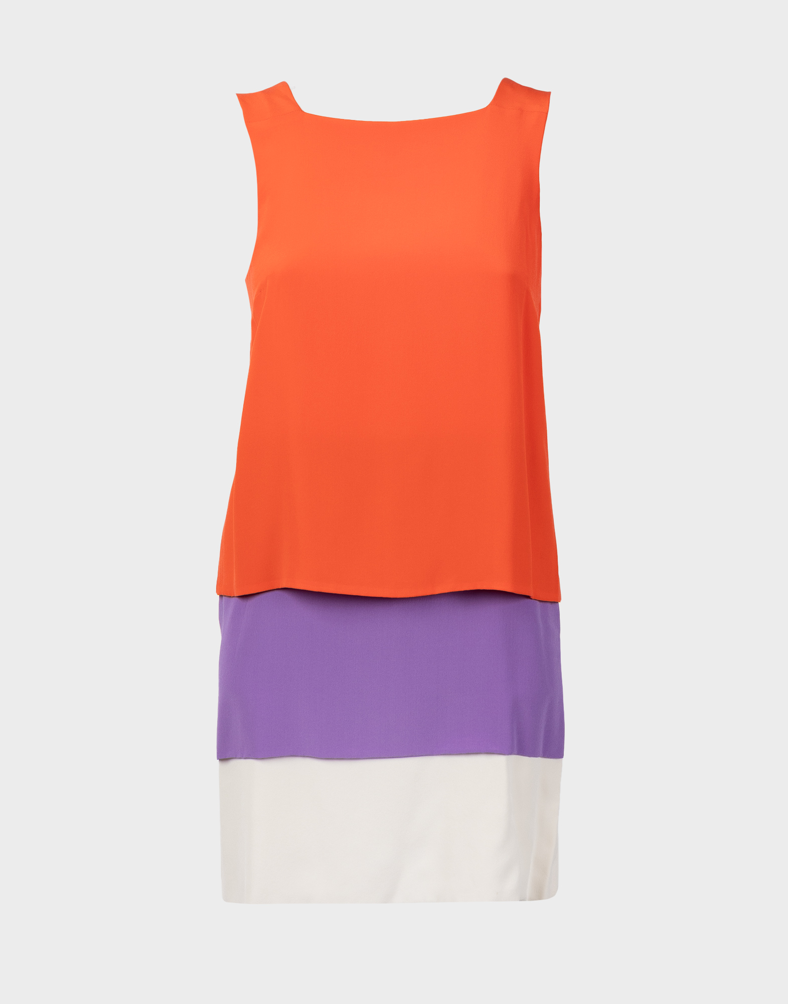 Women's sleeveless dress by Gucci featuring colorful panels in orange, purple, and white.