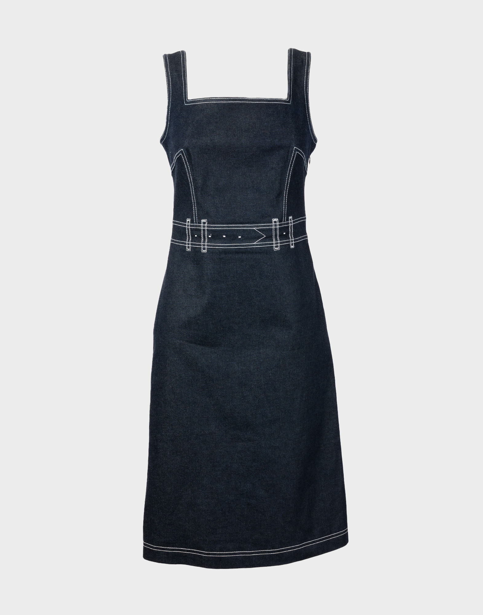 Sleeveless denim dress with white contrast stitching.
