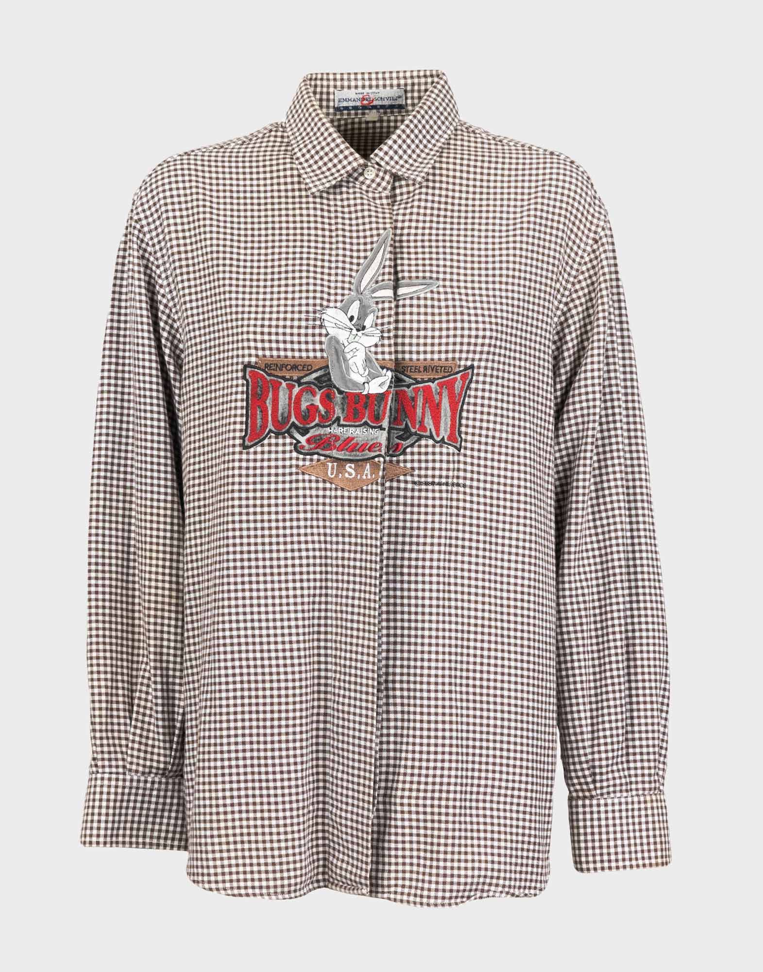 Women's long-sleeved shirt with checked pattern and Bugs Bunny embroidery