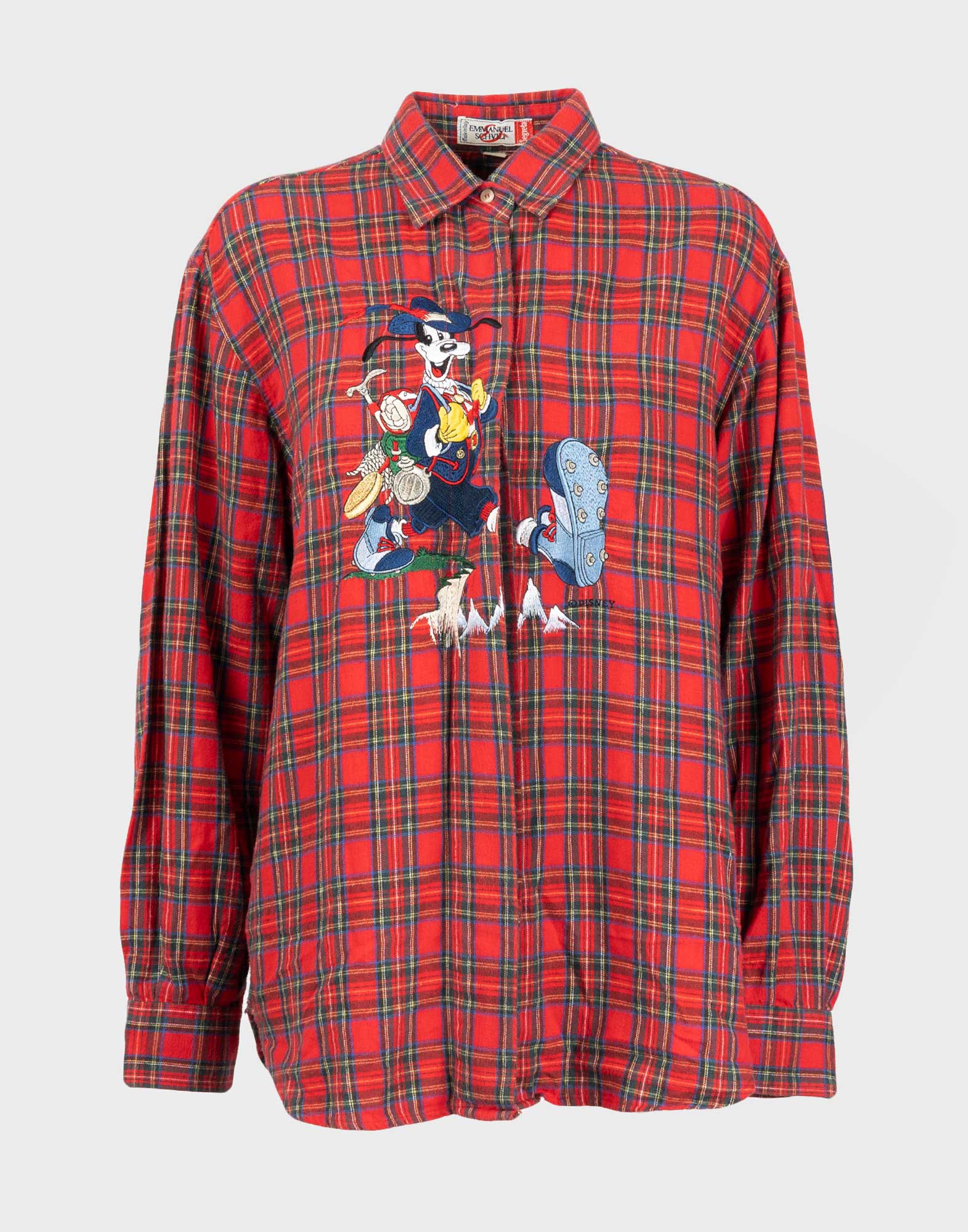 camicia da donna a maniche lunghe, con fantasia tartan e ricamo di pippo