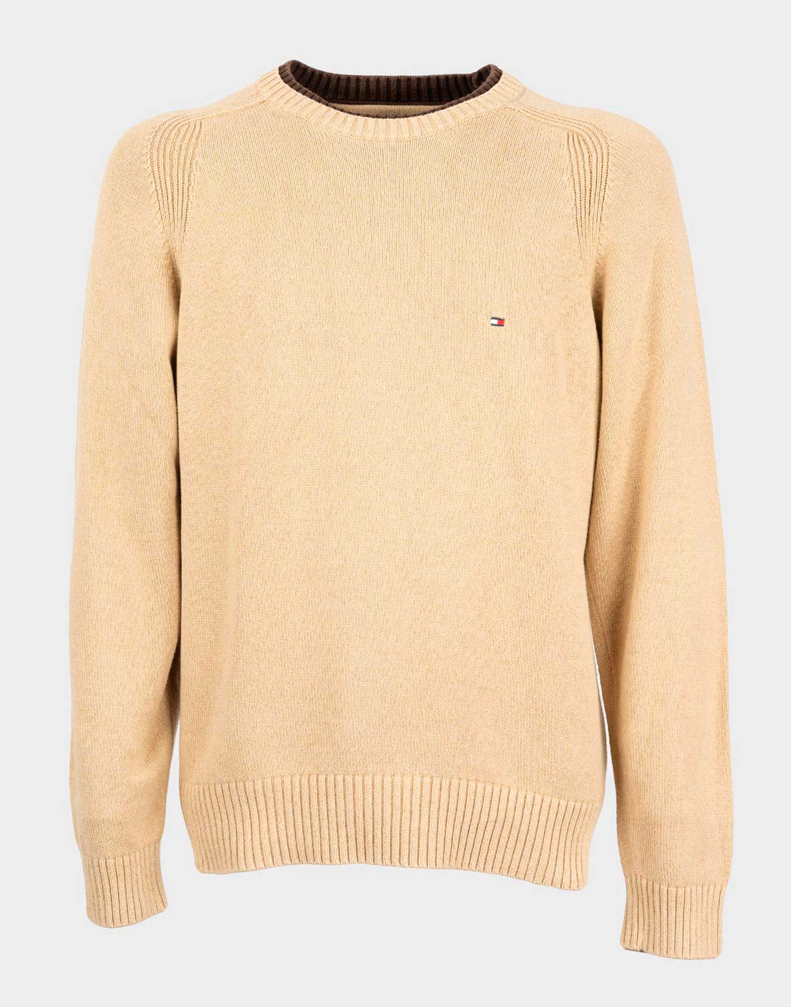 beige men's jumper with brown collar and embroidered tommy hilfiger logo on front