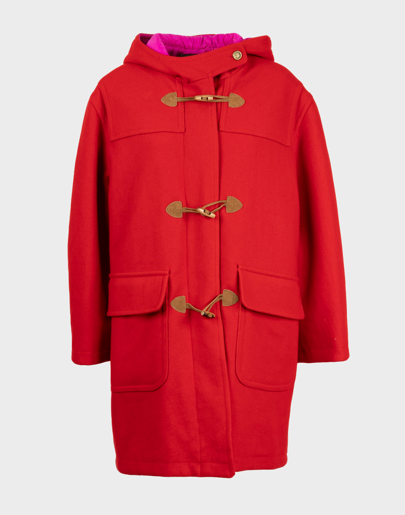 cappotto rosso da donna in lana con interni fucsia