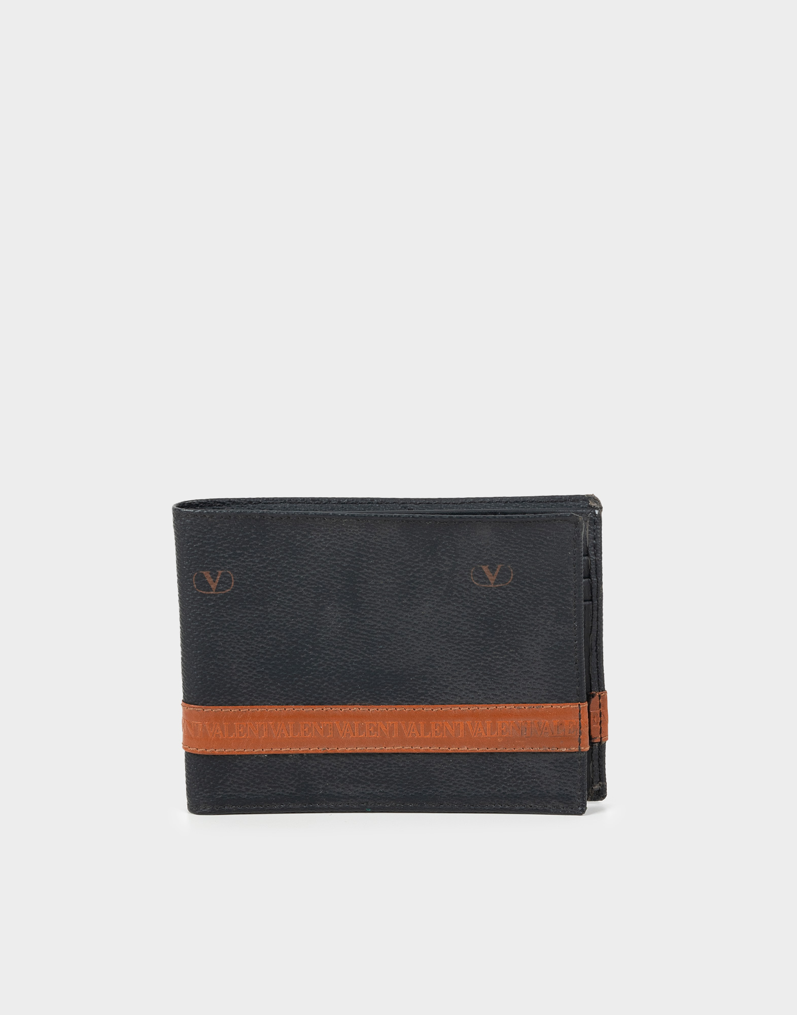 Valentino Garavani blue leather wallet from the 1990s with a brown strap