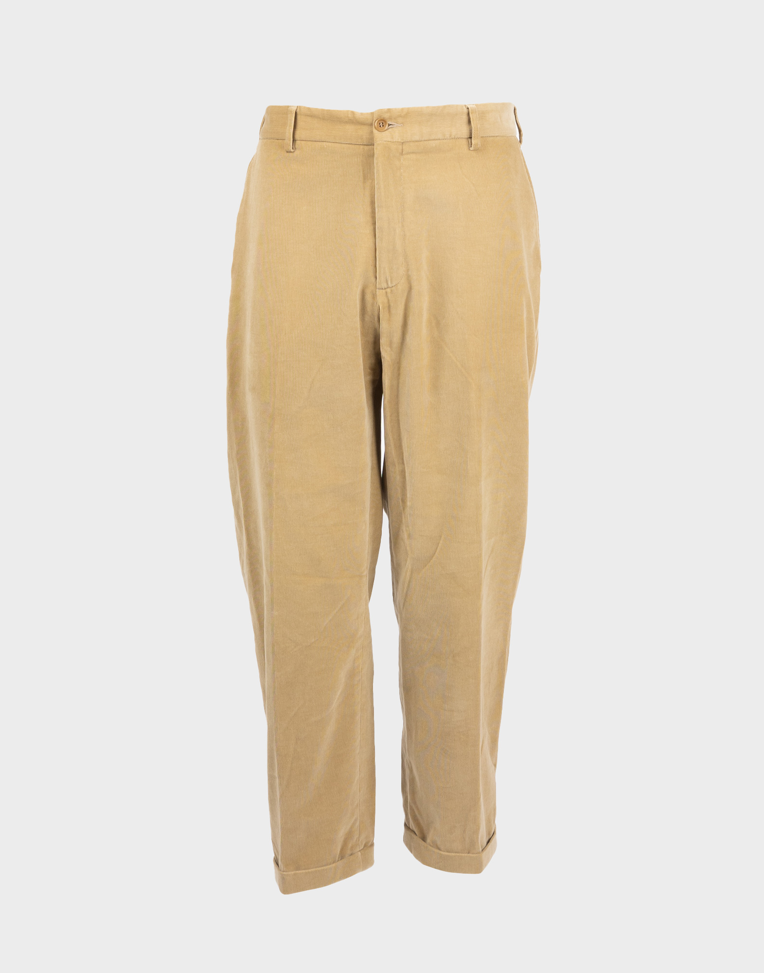Men's beige pants with cuffs at the hem, made from corduroy-effect fabric