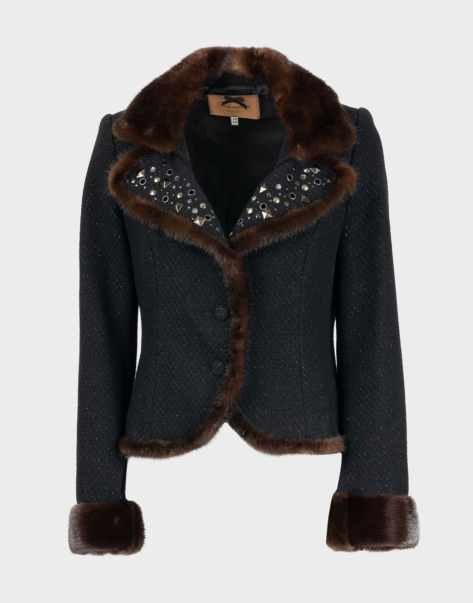 women's winter jacket in tweed fabric with fur detailing, studded application on reverse side