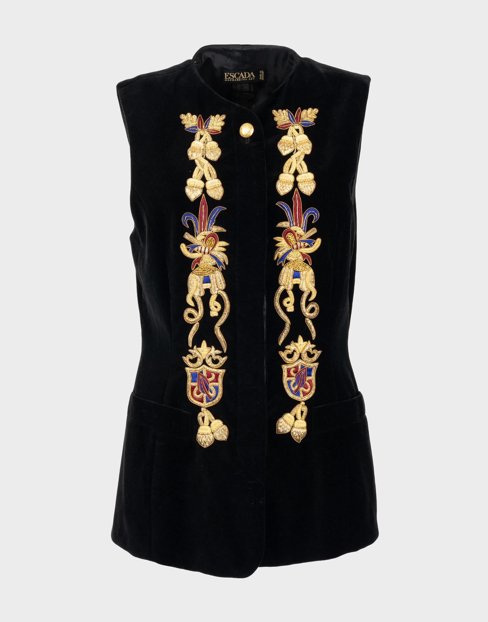 Women's black vest in smooth velvet-effect fabric with golden thread embellishments on the front, U-neckline, and golden button.
