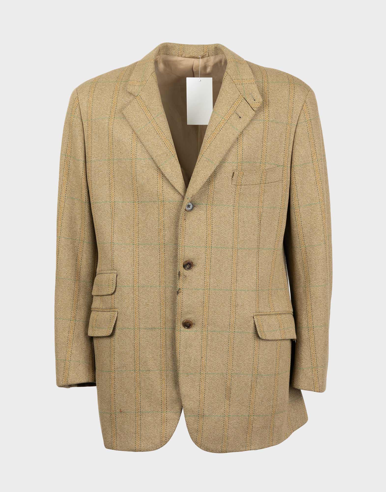 Men's beige wool jacket with striped pattern, three-button closure