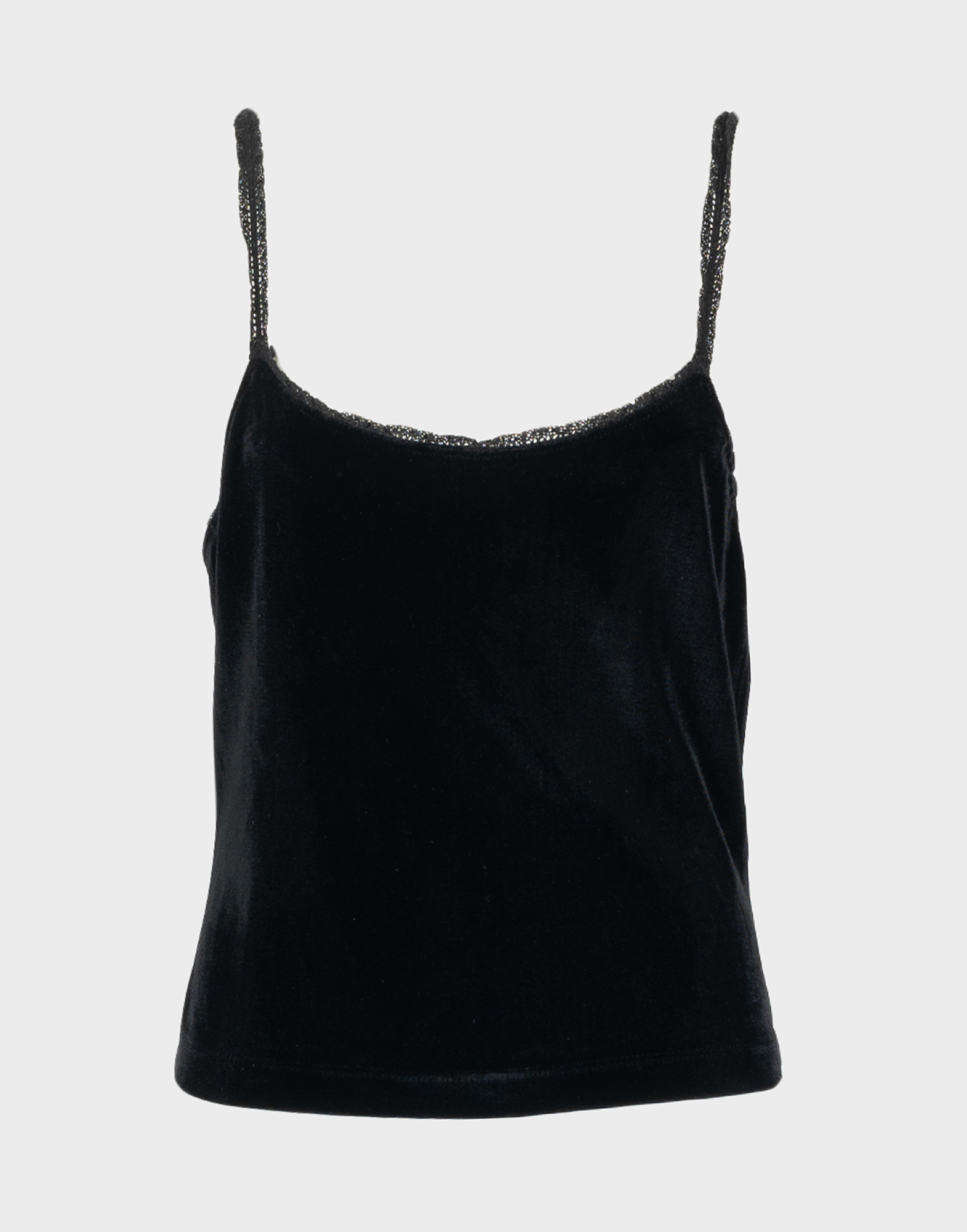 top nero moschino jeans in velluto con spalline sottili e dettagli in pizzo, scollo tondo