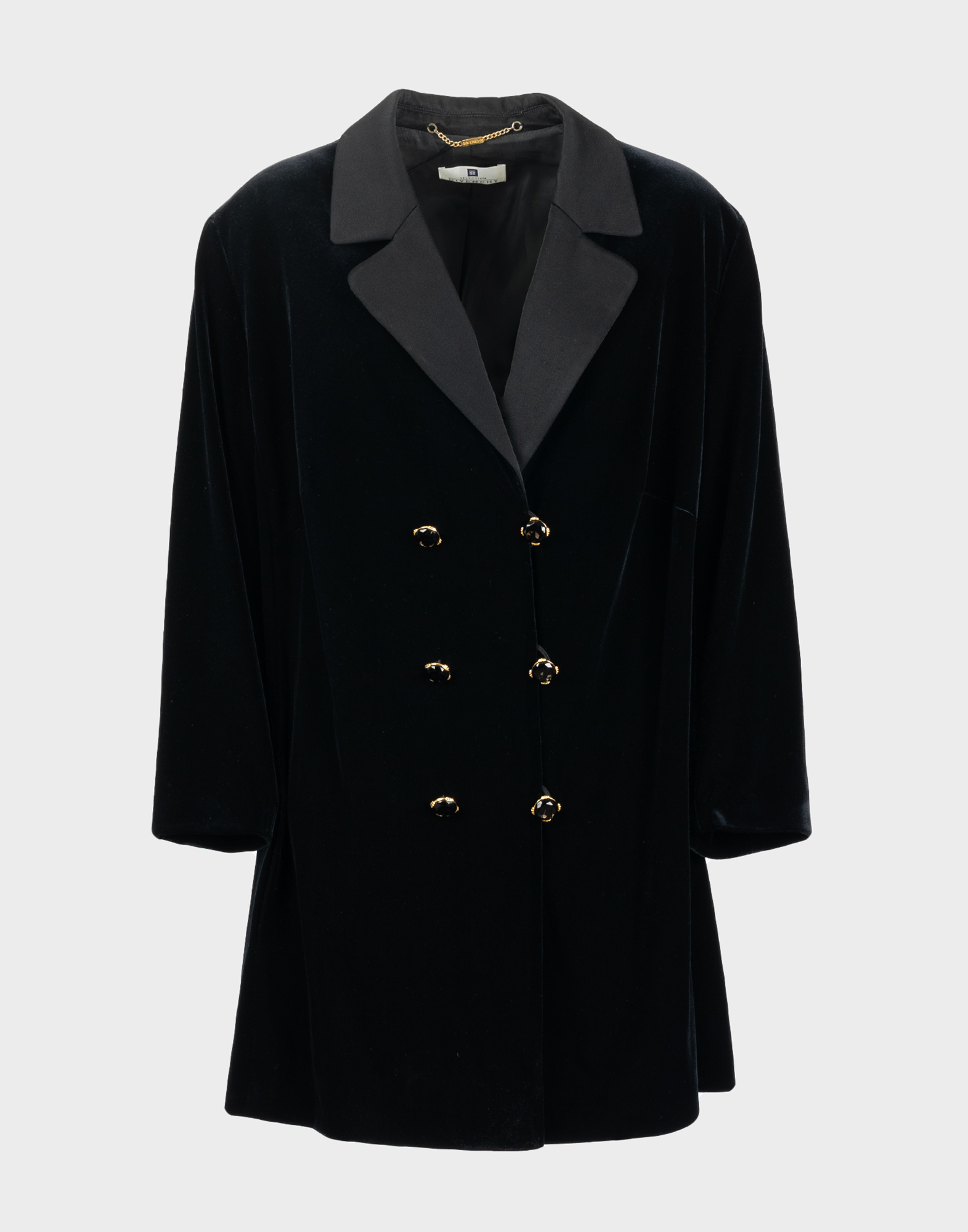 Women's Black Velvet Oversized Jacket with Satin Lapels and Double-Breasted Closure