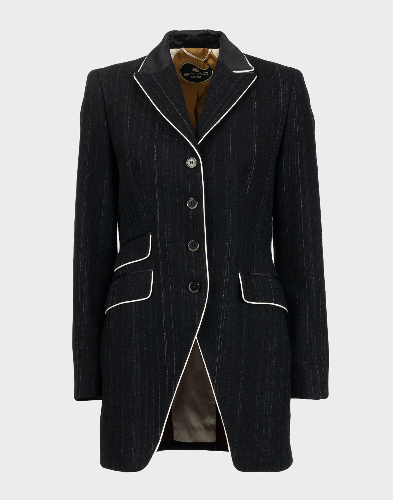 Women's black pinstripe jacket with V-neck, button closure, contrasting white trim, three pockets on front