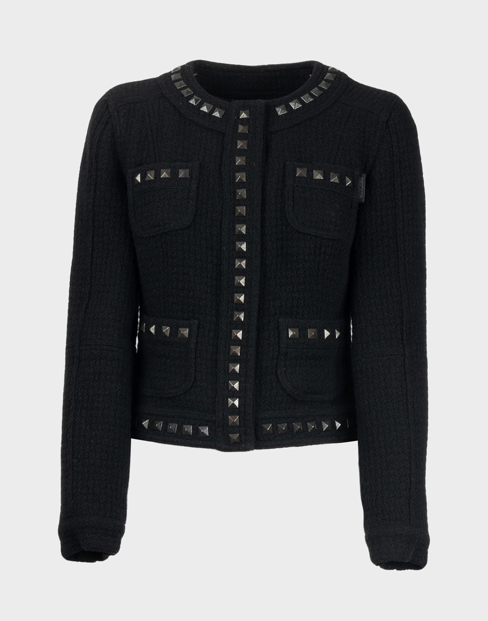 Black women's jacket in tweed fabric with four small front pockets, contrast detail with studs