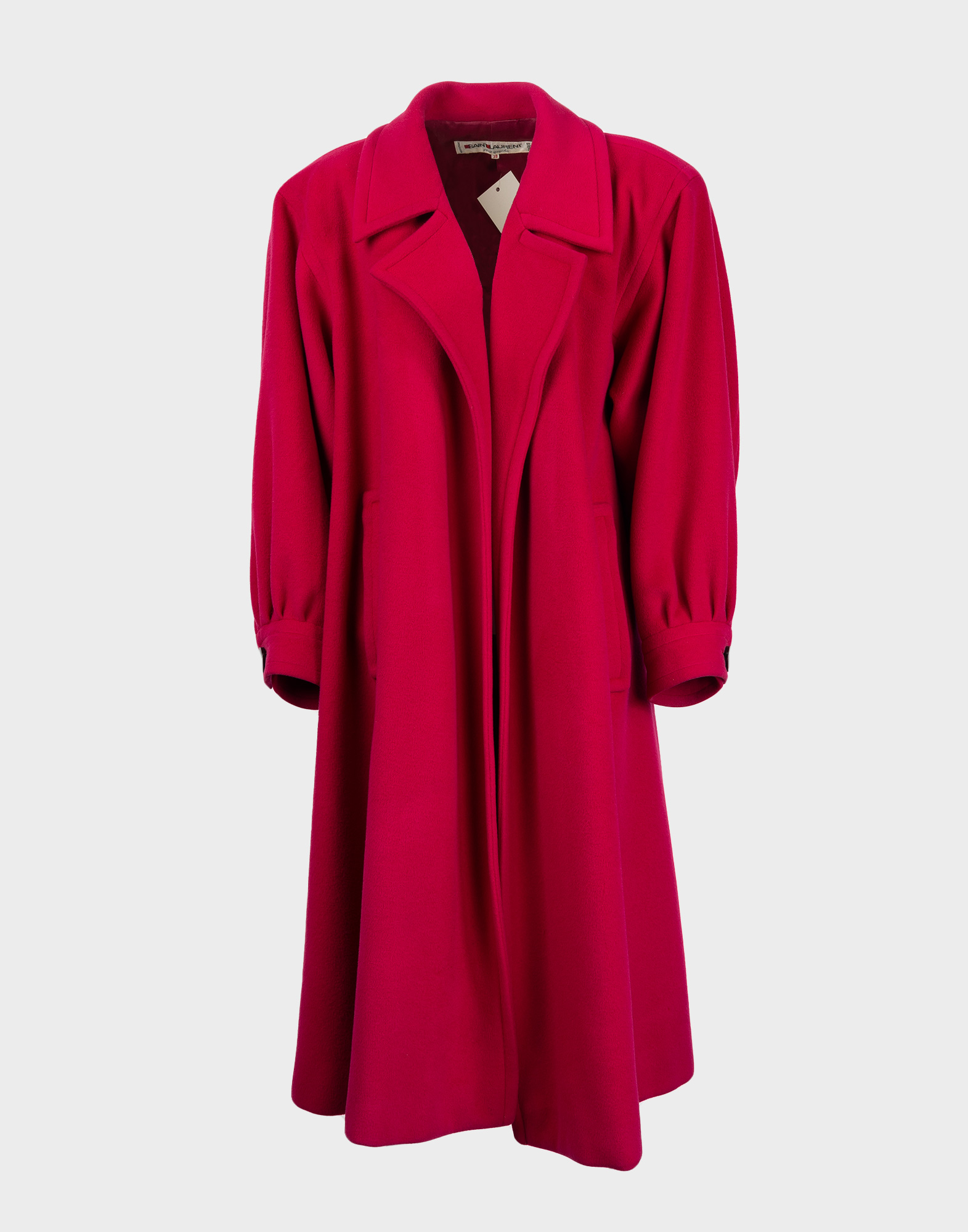 1980s Saint Laurent midi fuchsia coat with no buttons, oversized style with puffed sleeves.