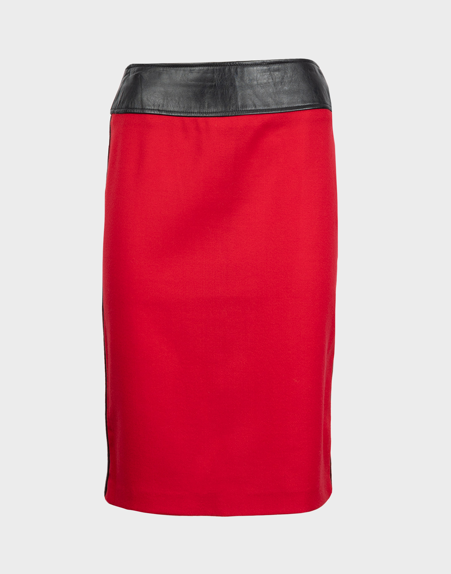 Straight red wool skirt with a black leather waistband.